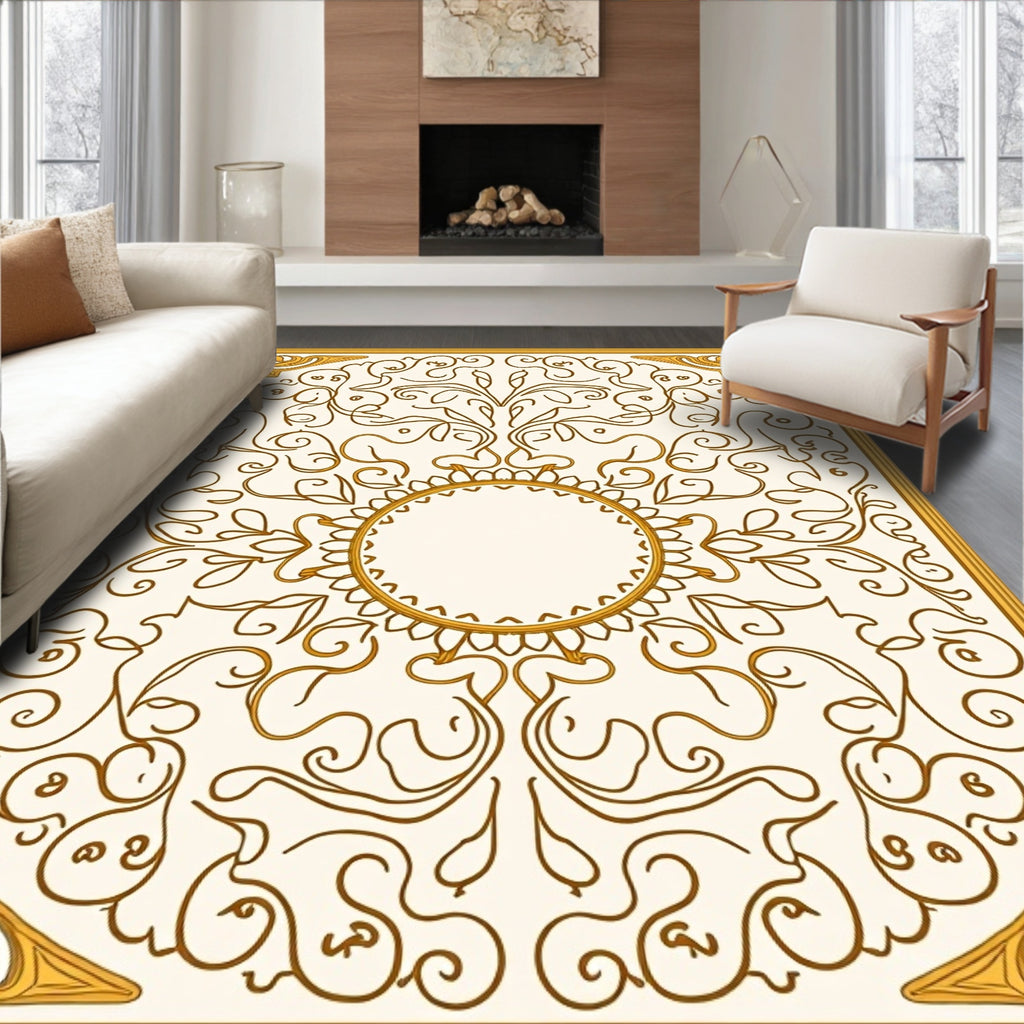 Golden Ornate Swirl Floral Design Rug