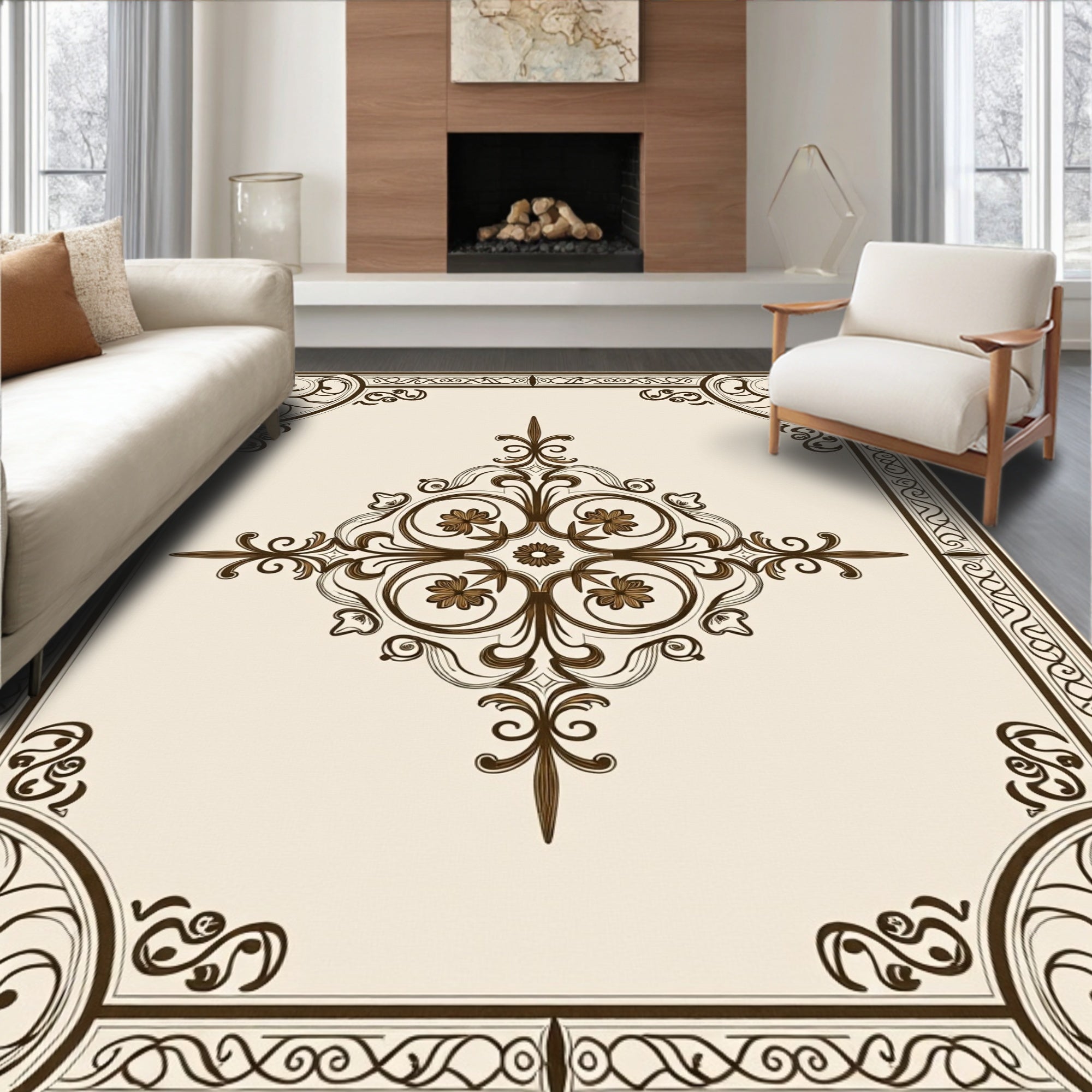 Intricate Floral Scrollwork with Borders Rug