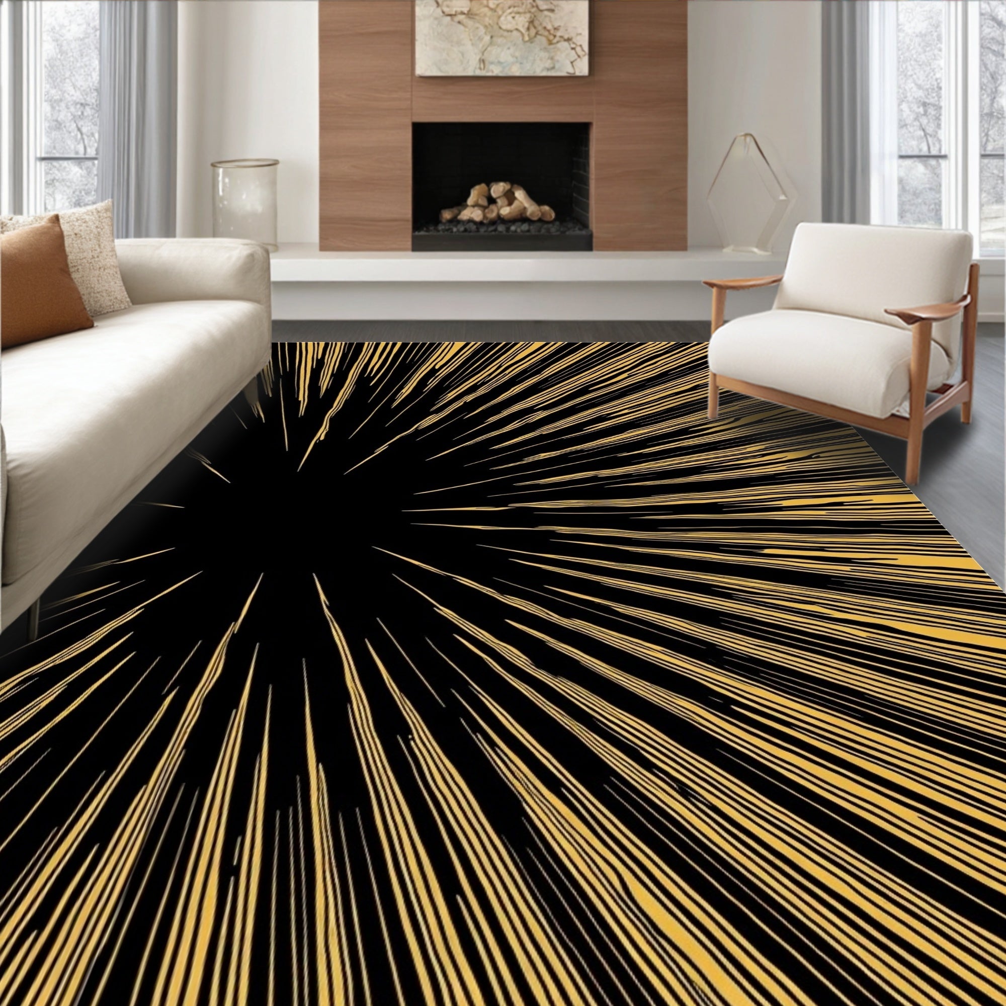 Golden Sunburst Radial Pattern Rug