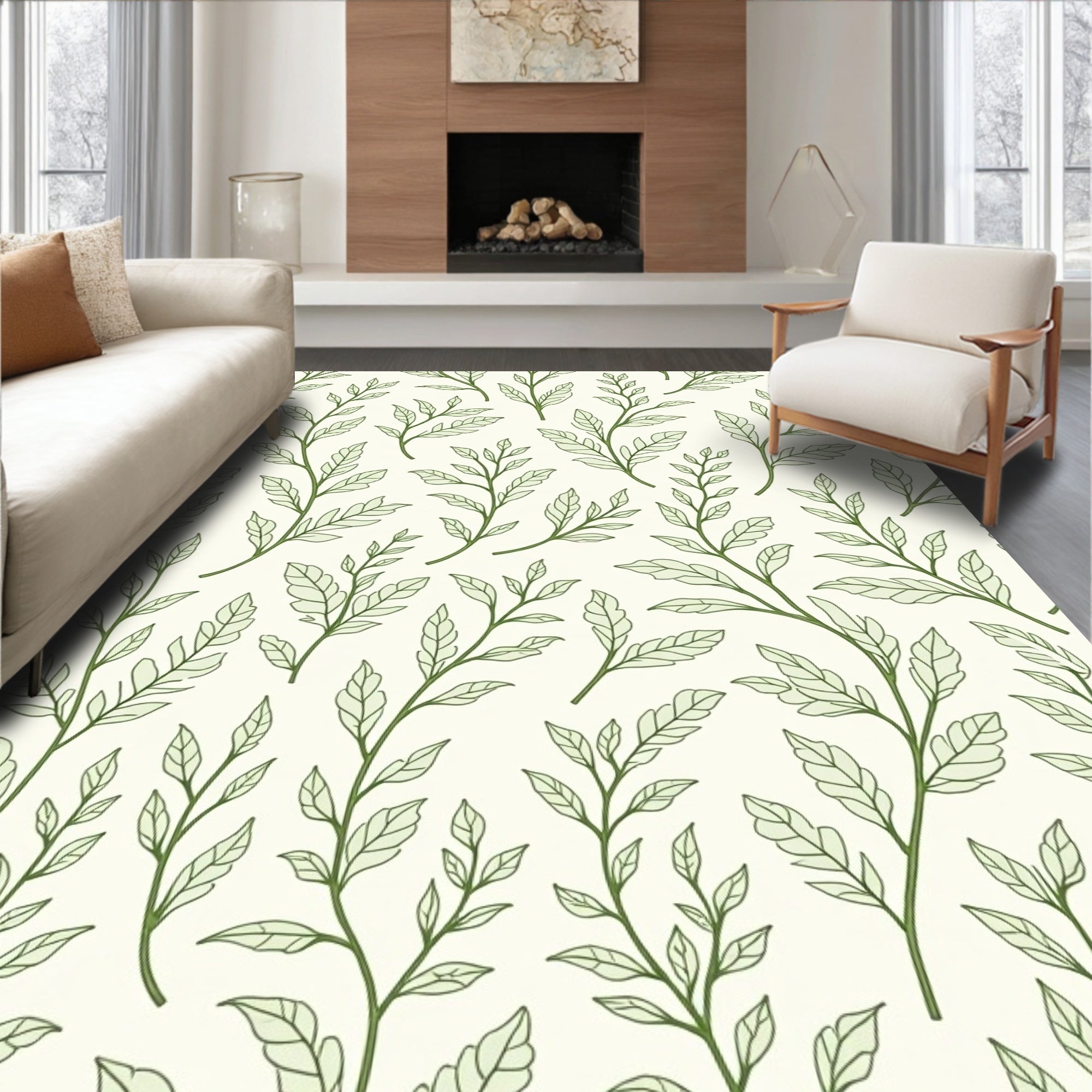 Botanical Branch Leaf Pattern Rug