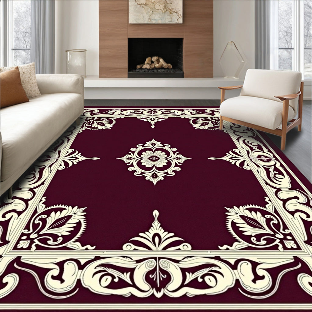 Ornate Ivory Floral Border Design Rug
