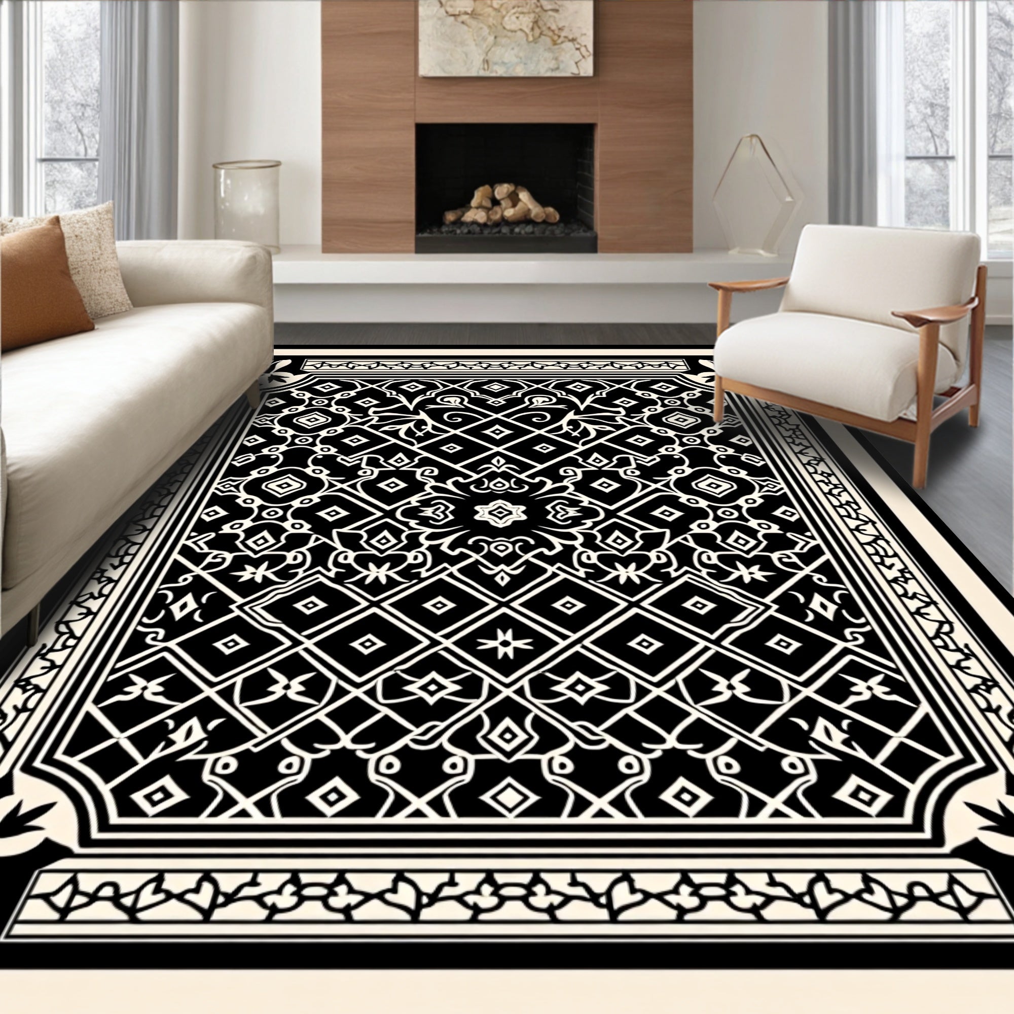 Intricate Black Cream Geometric Ornament Rug