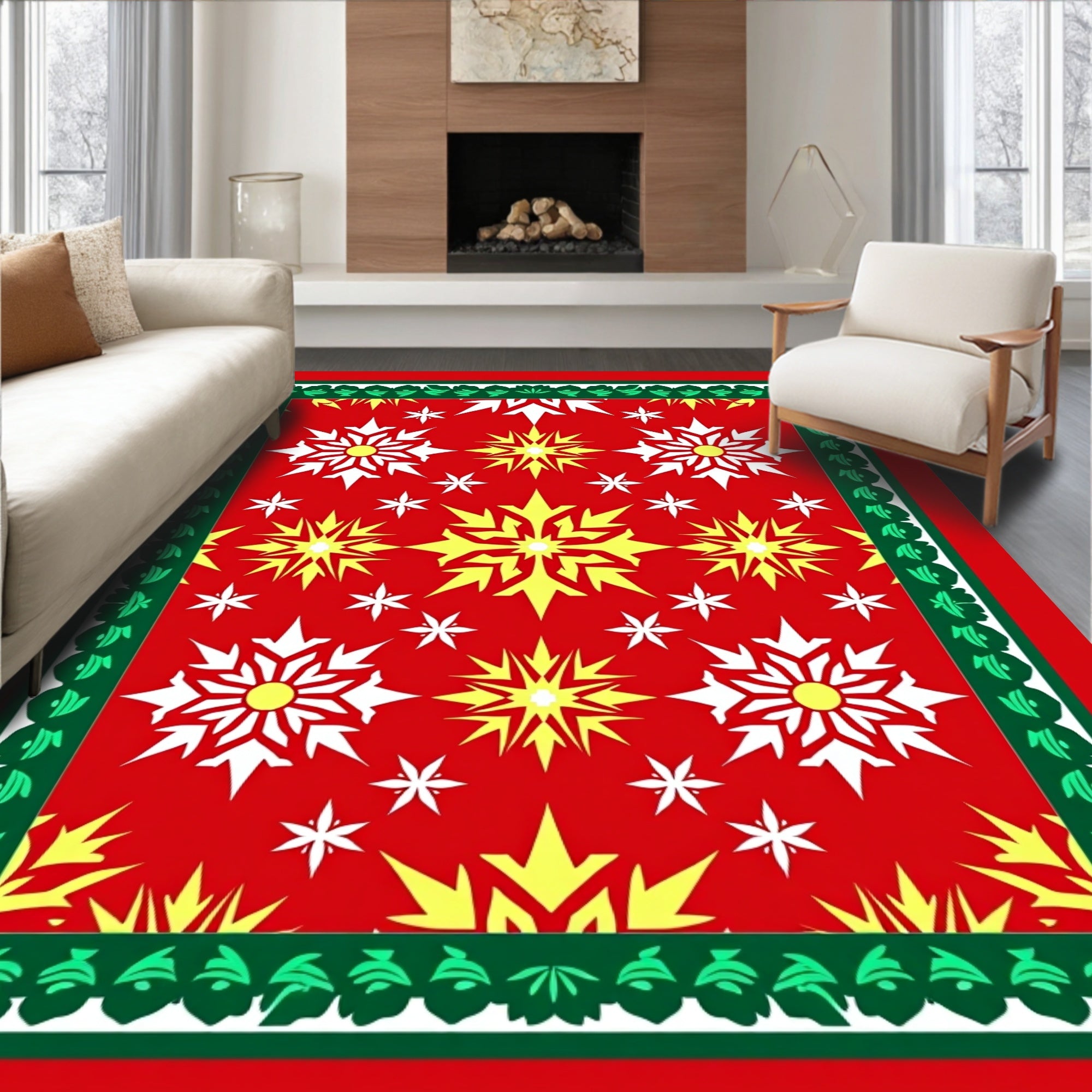 Festive Red Yellow Starburst Medallion Rug