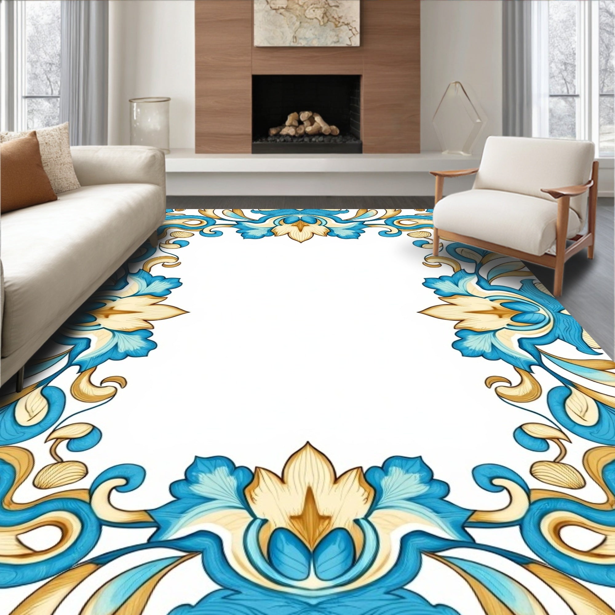 Elegant Blue Gold Floral Border Design Rug