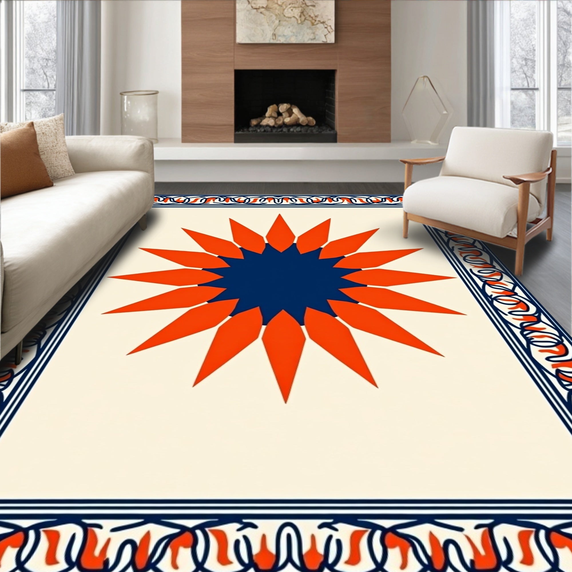 Bold Sunburst Ornate Border Design Rug