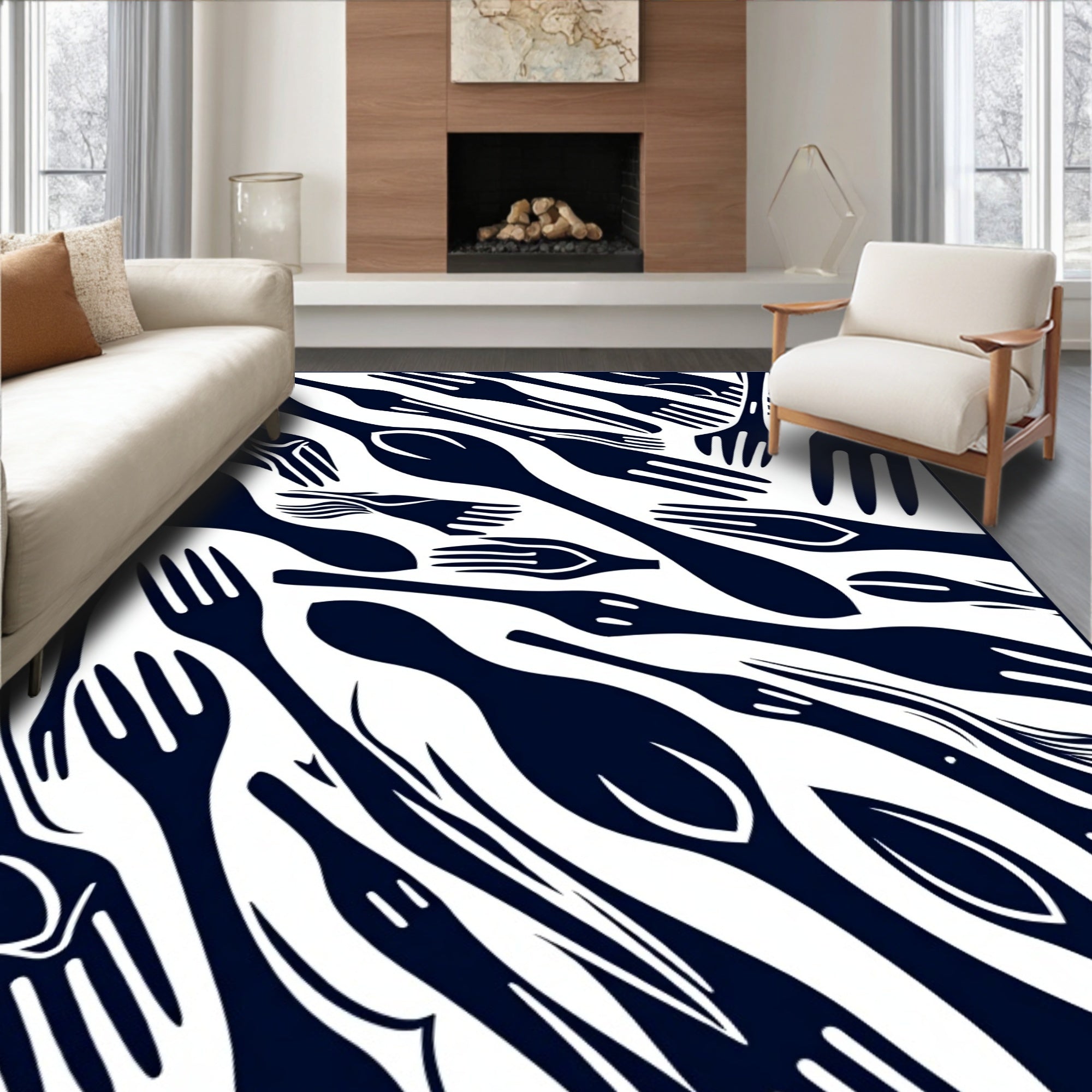 Dark Blue Utensil Collage Graphic Rug