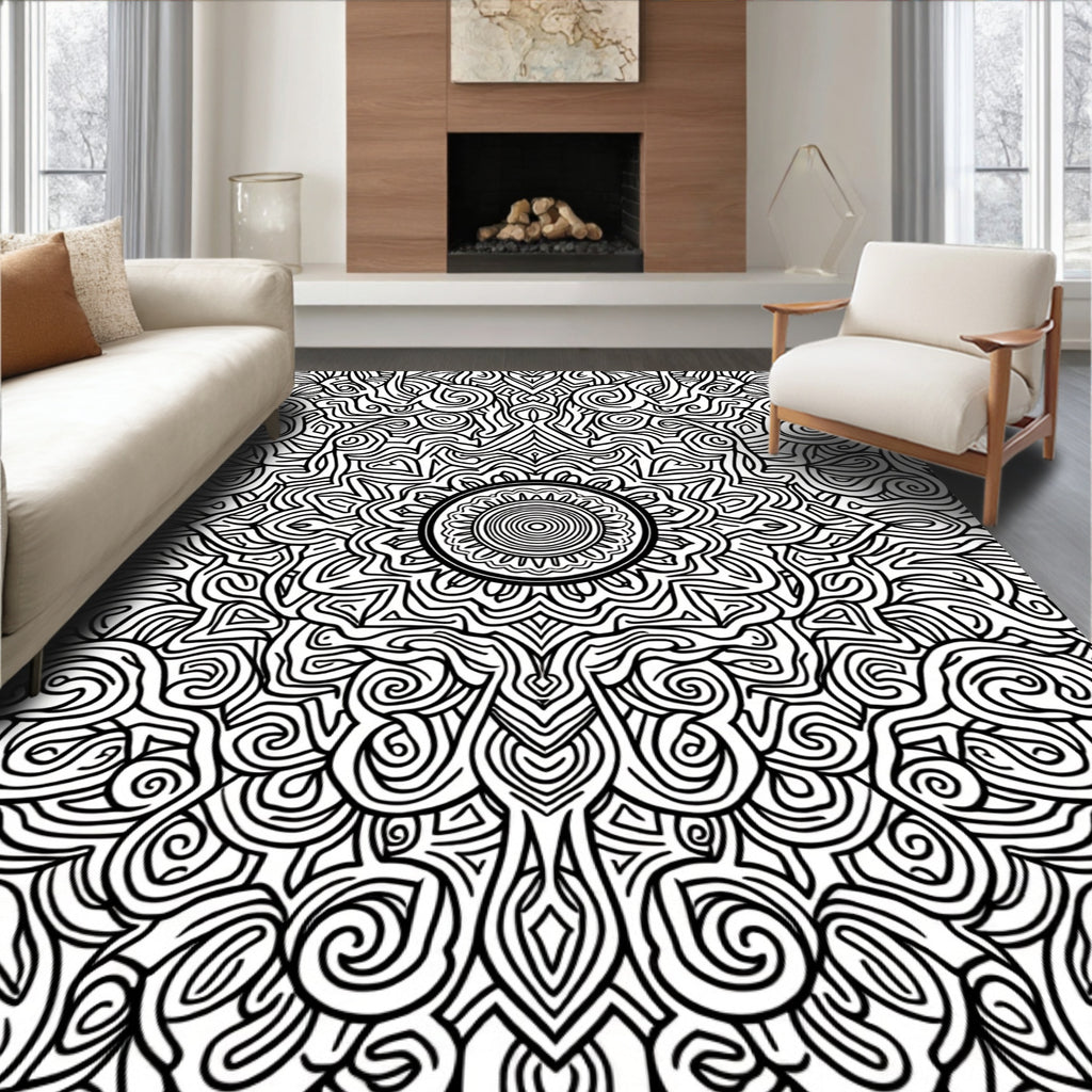 Black White Intricate Mandala Design Rug
