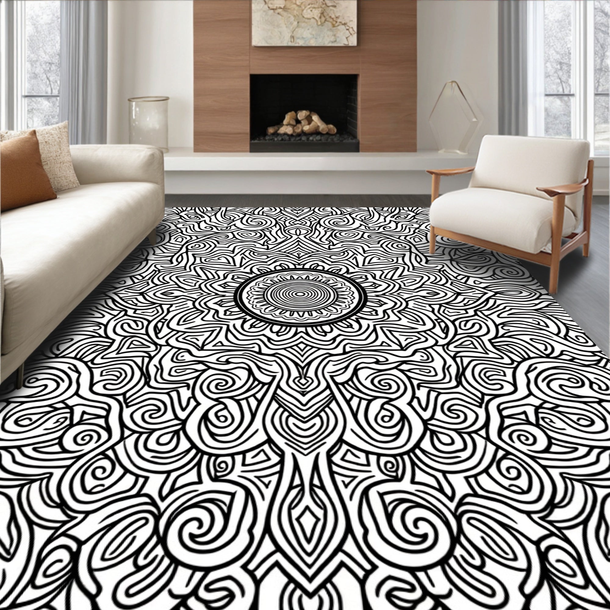 Black White Intricate Mandala Design Rug