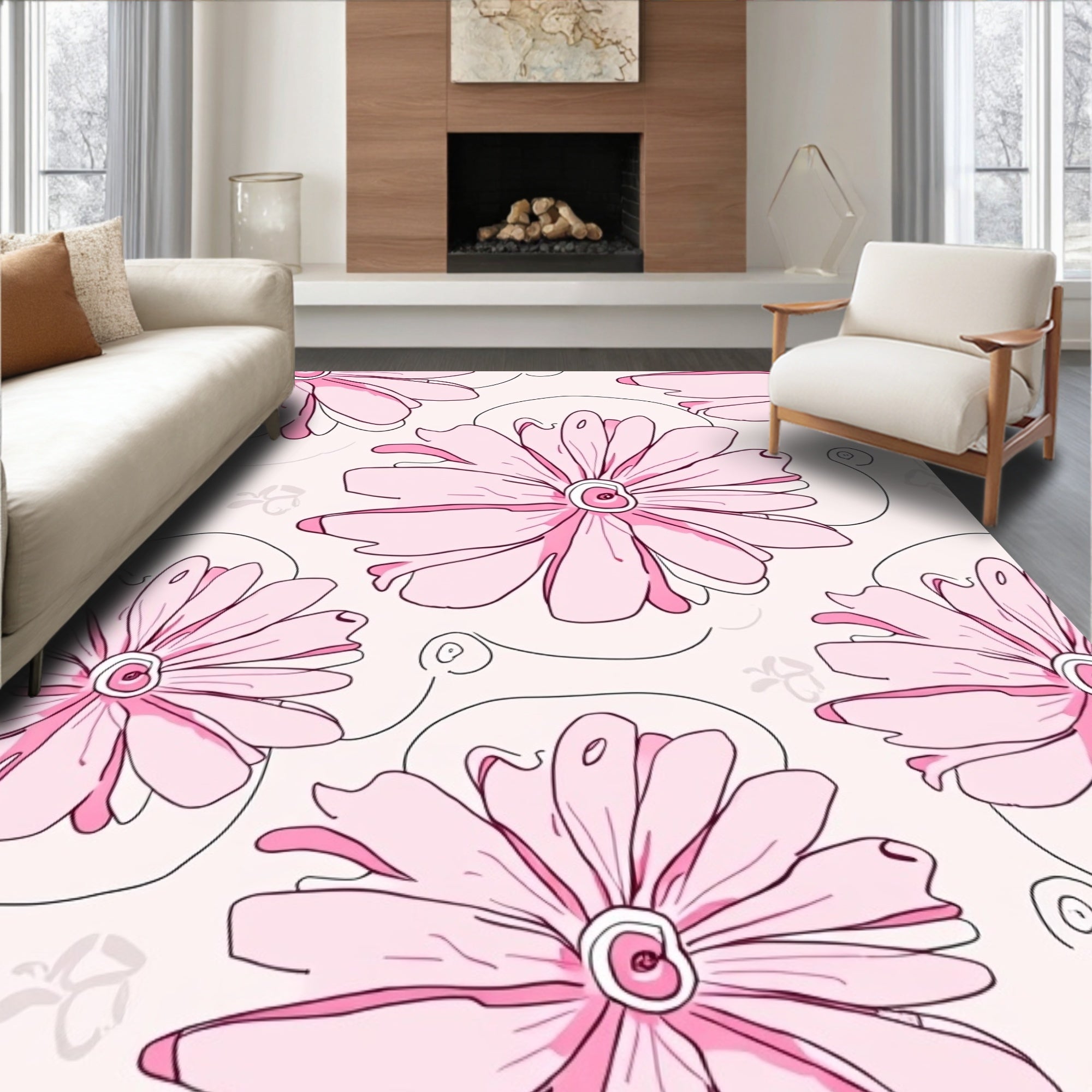 Pink Floral Outline Design Rug