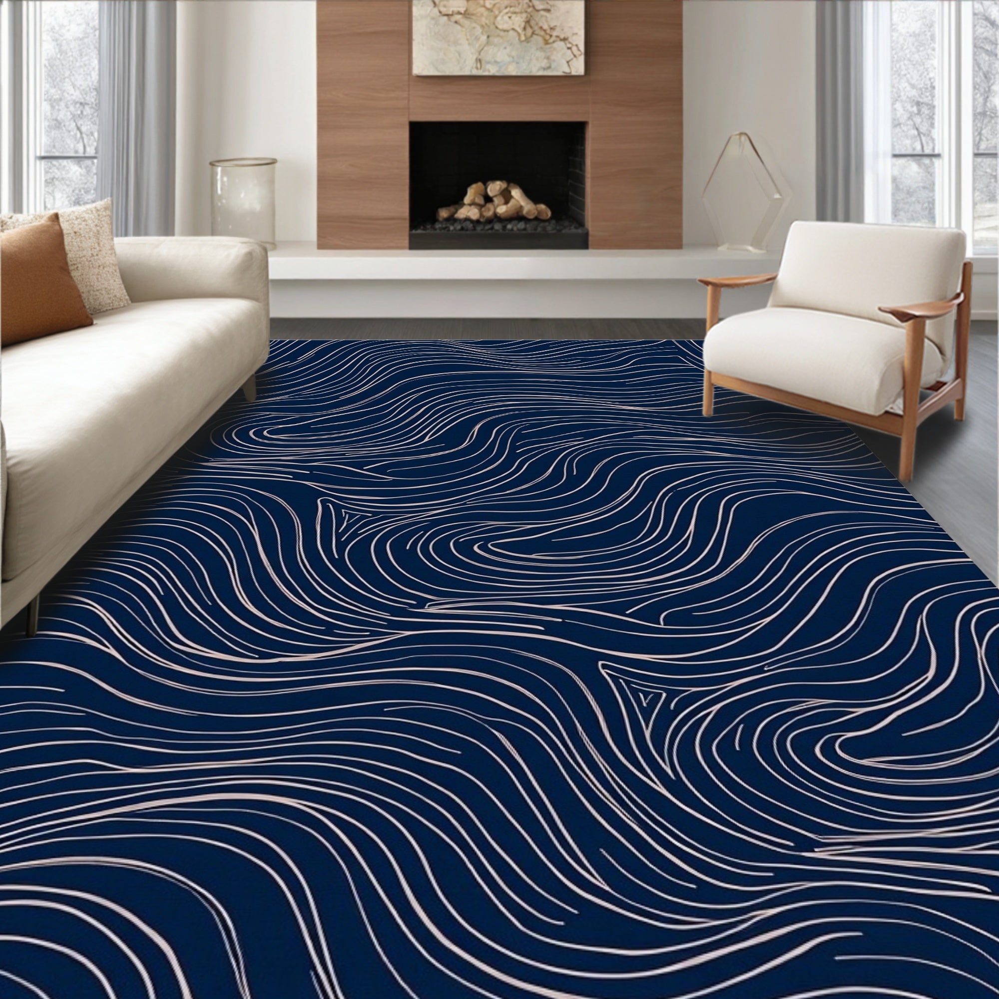Modern Navy Wavy Line Pattern Rug