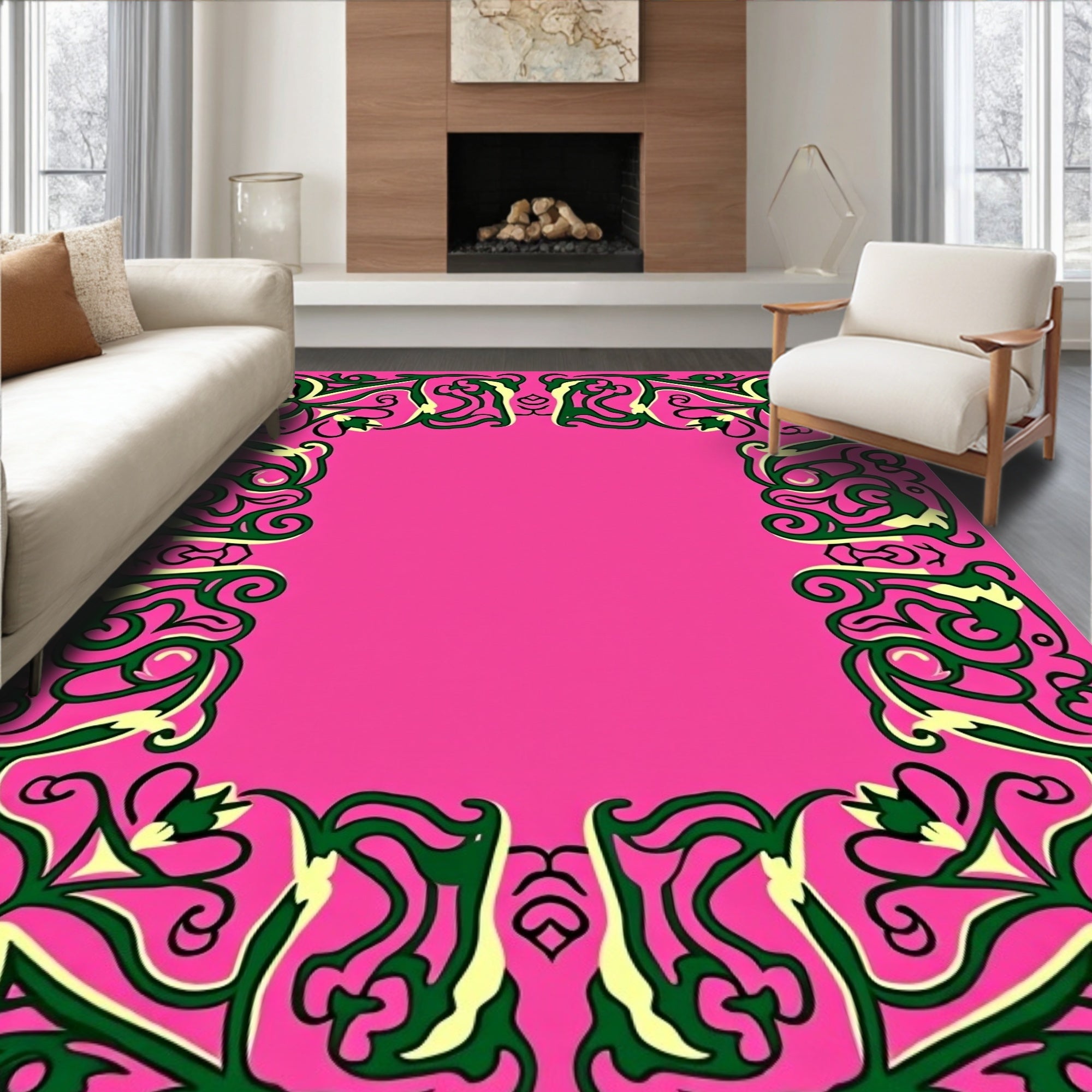 Vibrant Pink Green Floral Border Rug