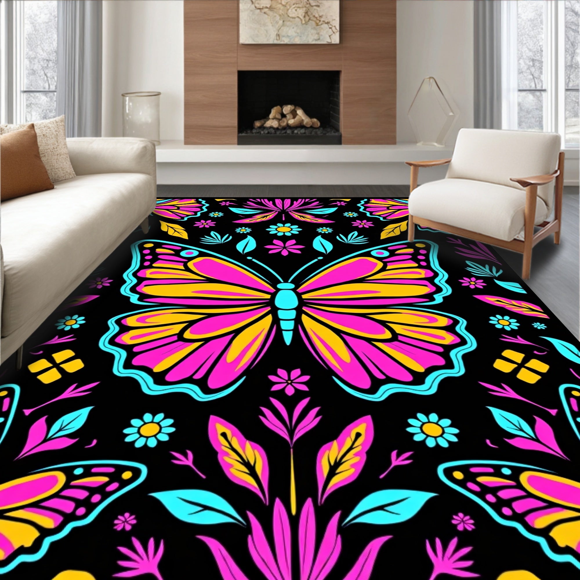 Bold Butterfly Floral Pattern Rug