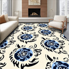 Blue Black Floral Swirl Pattern Rug