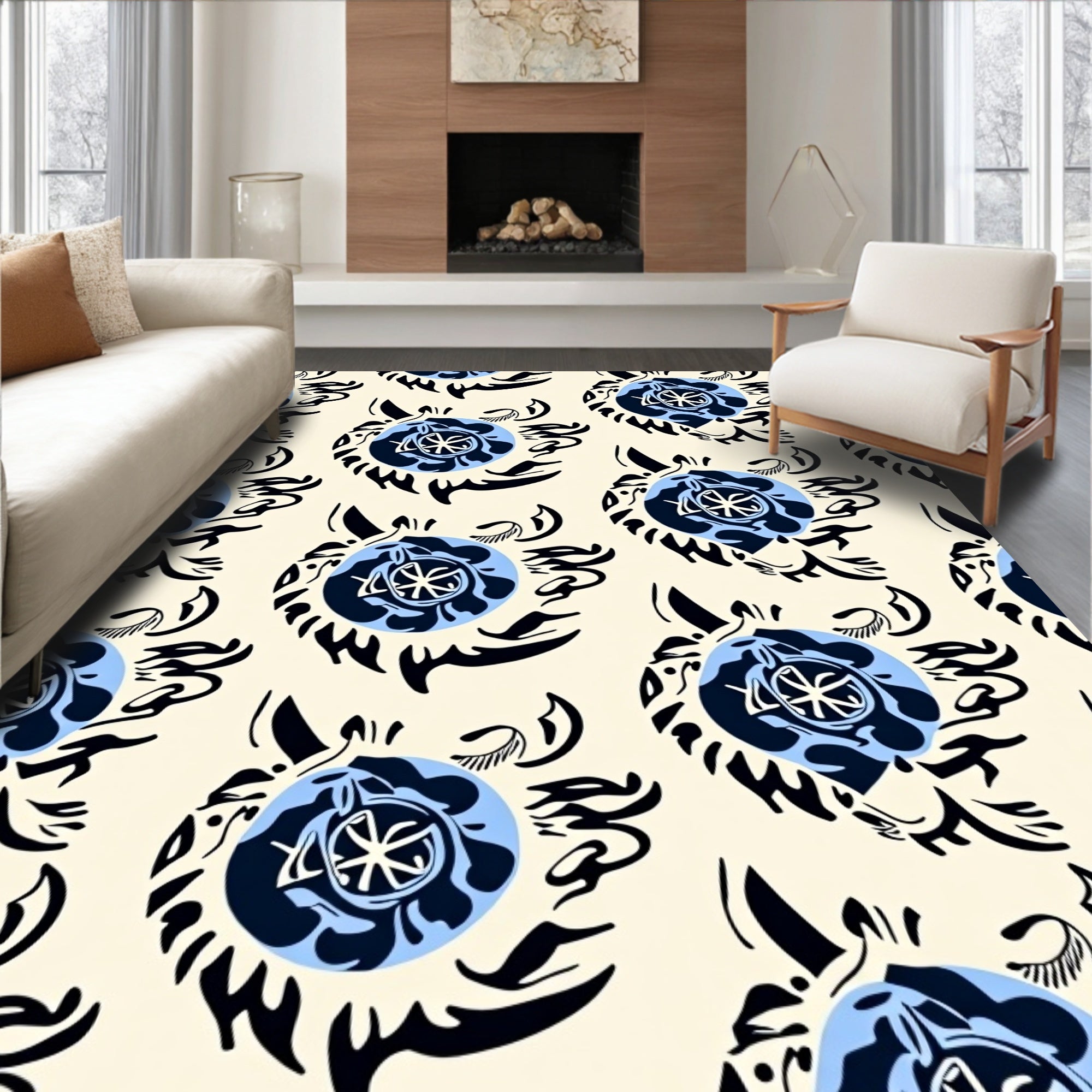 Blue Black Floral Swirl Pattern Rug