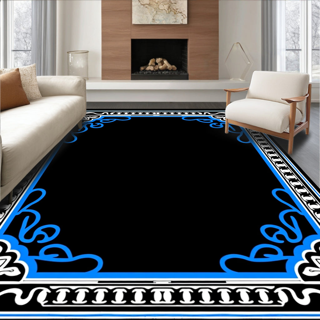 Ornate Blue White Scroll Pattern Rug