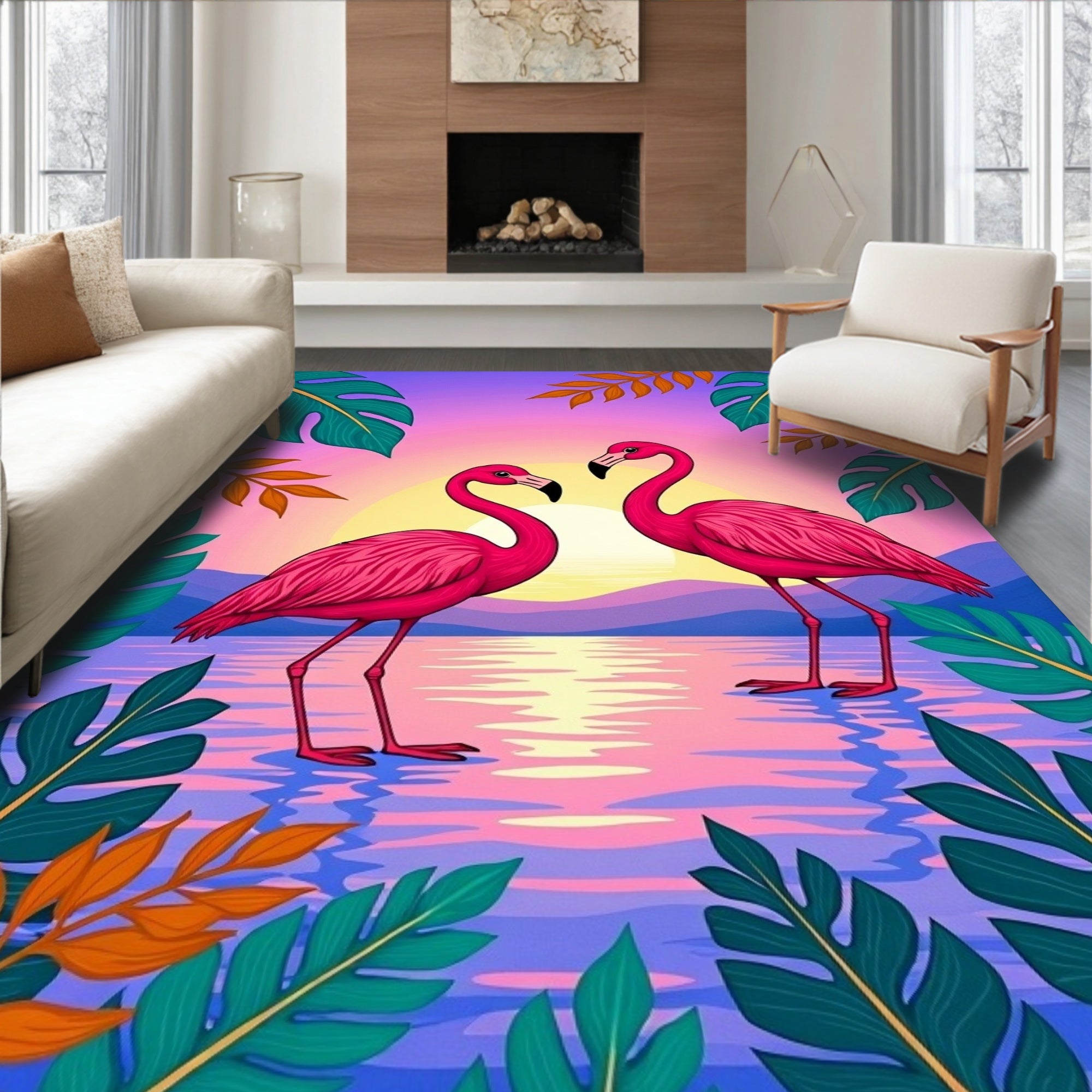 Tropical Flamingo Sunset Paradise Rug