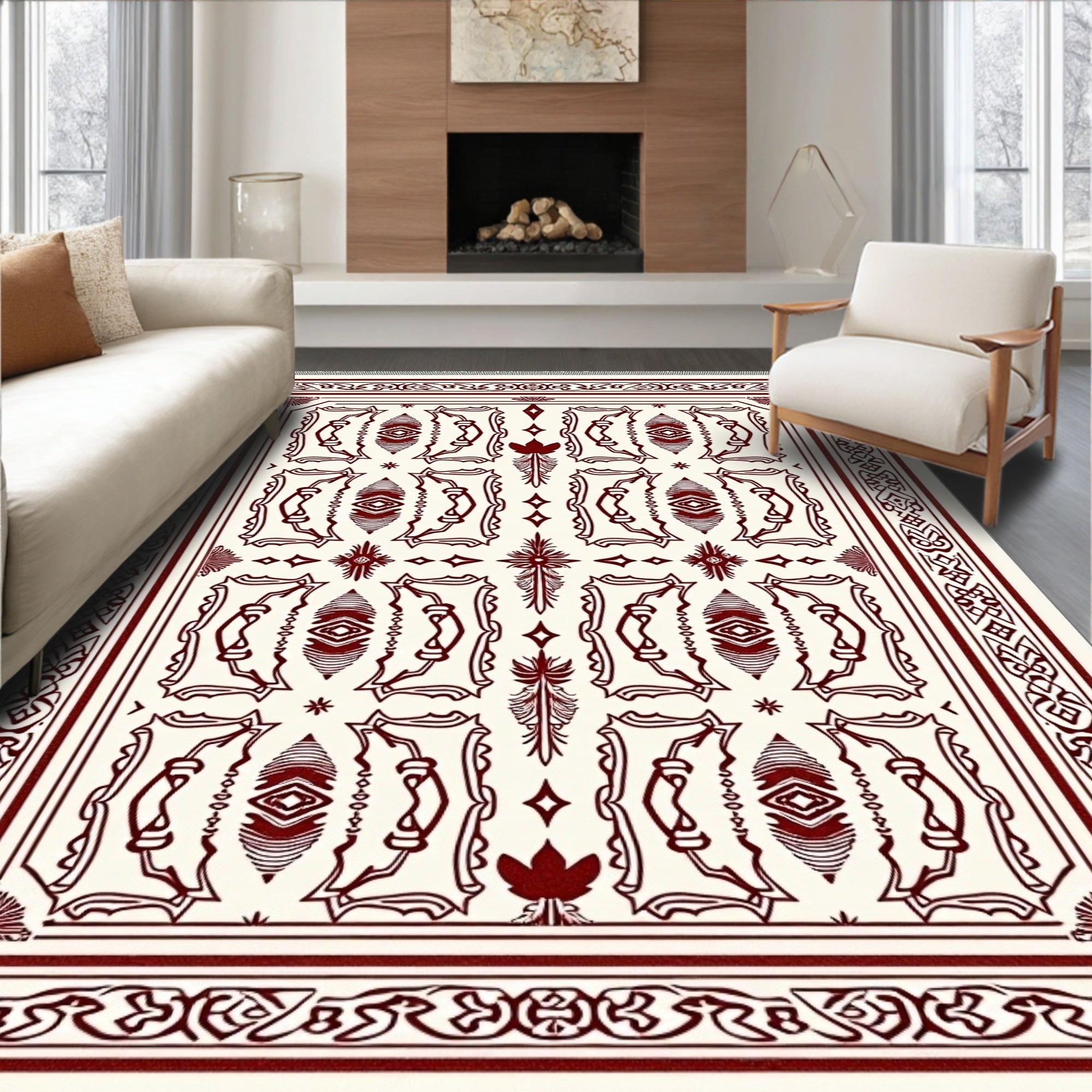 Crimson Ivory Art Deco Geometric Rug