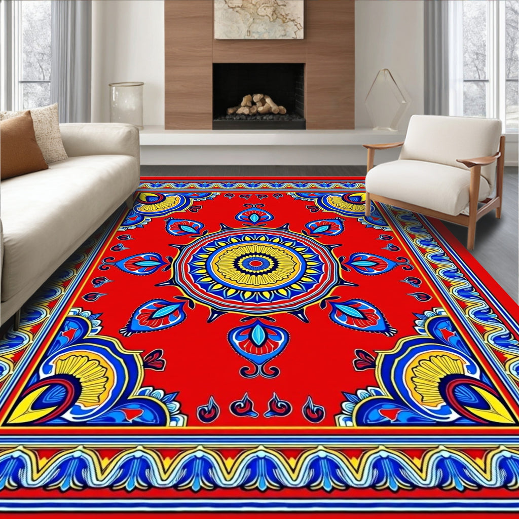 Bold Red Yellow Blue Floral Mandala Rug