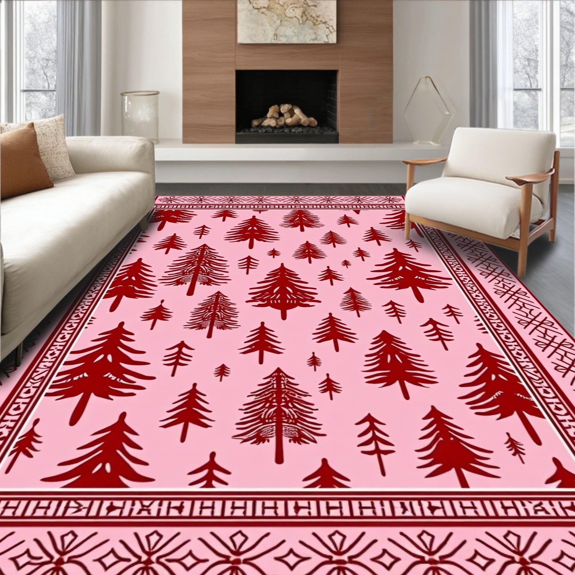 Deep Red Pine Forest Pink Blanket Rug