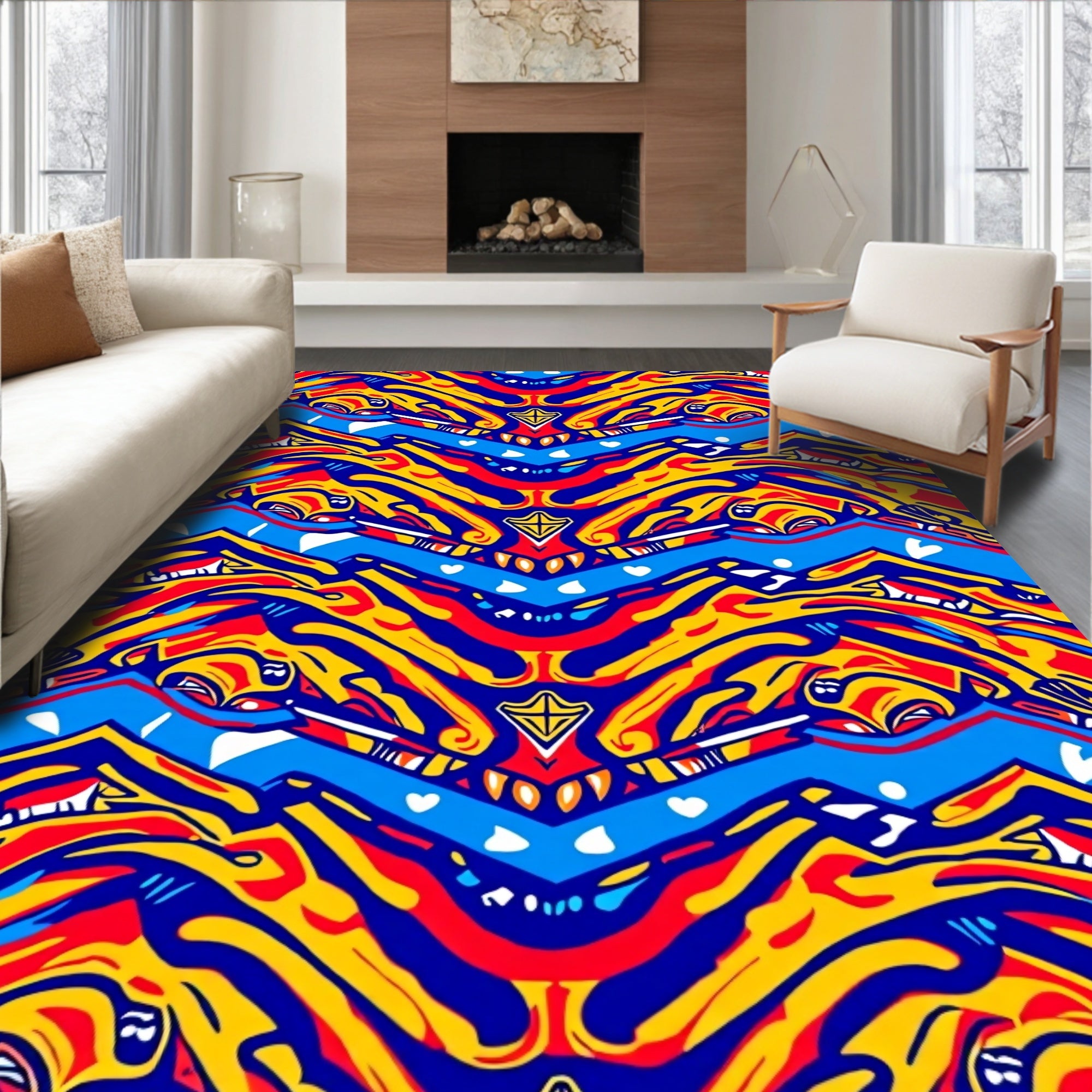 Vibrant Waves And Fiery Geometric Pattern Rug