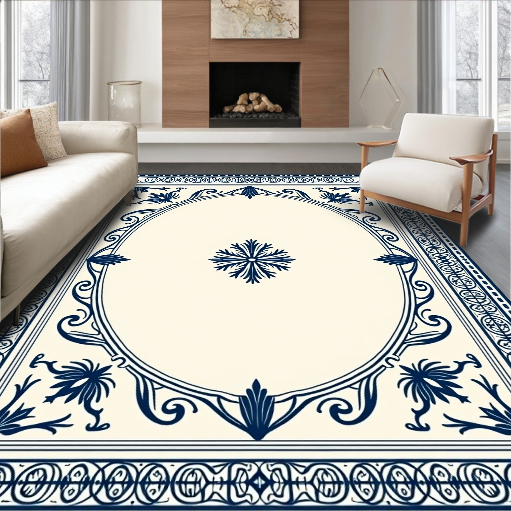 Ornate Floral Border Classic Design Rug