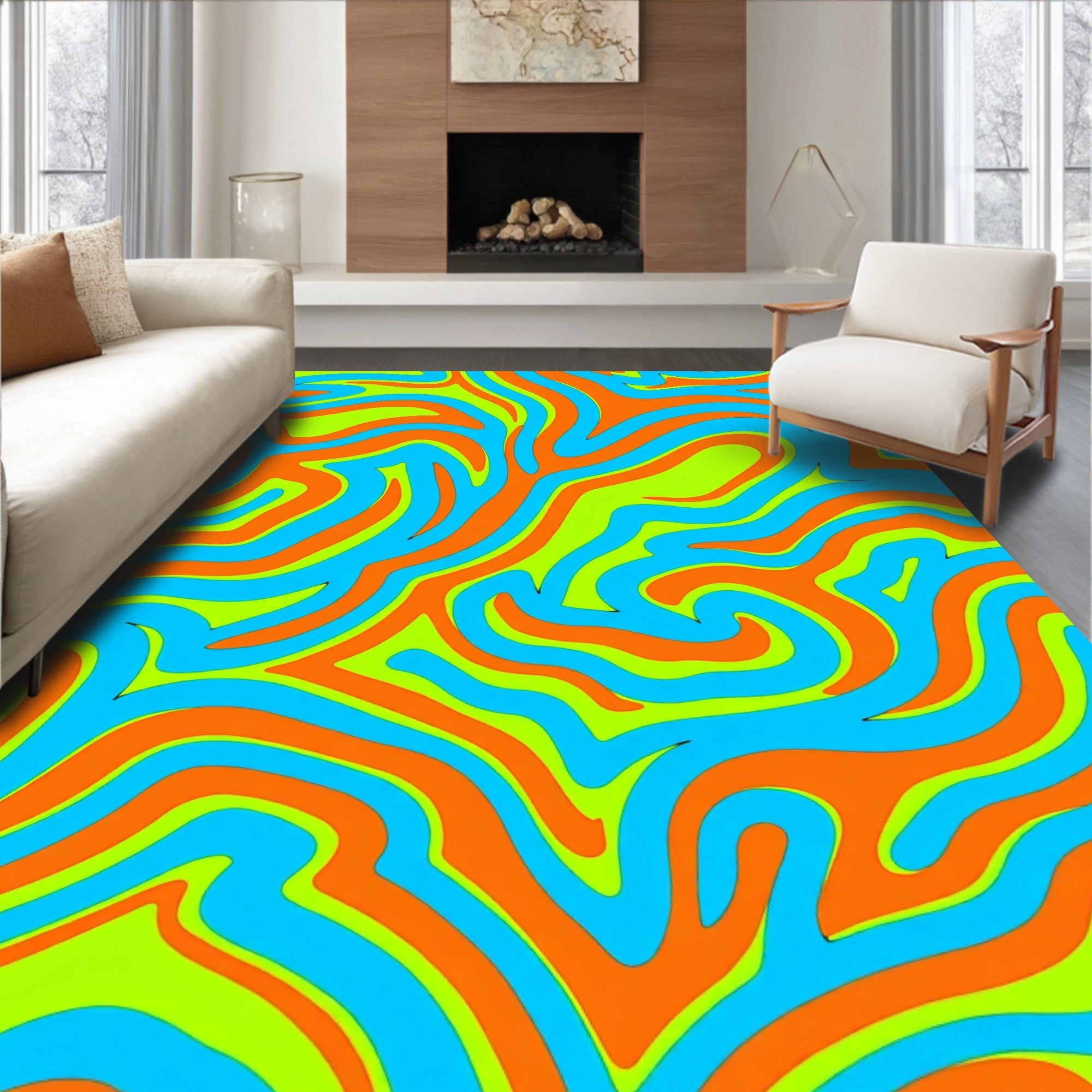 Vibrant Orange Blue Swirl Pattern Rug