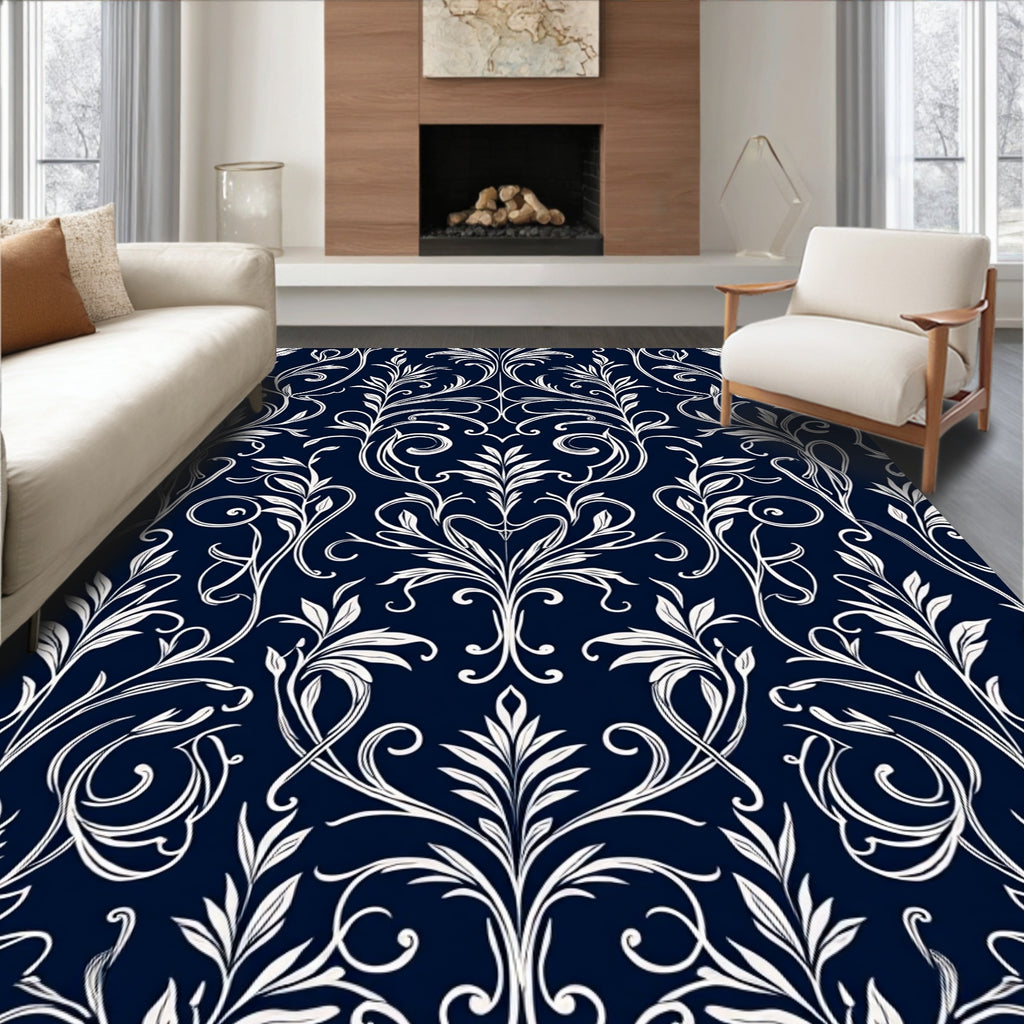 Elegant White Floral Damask Pattern Rug