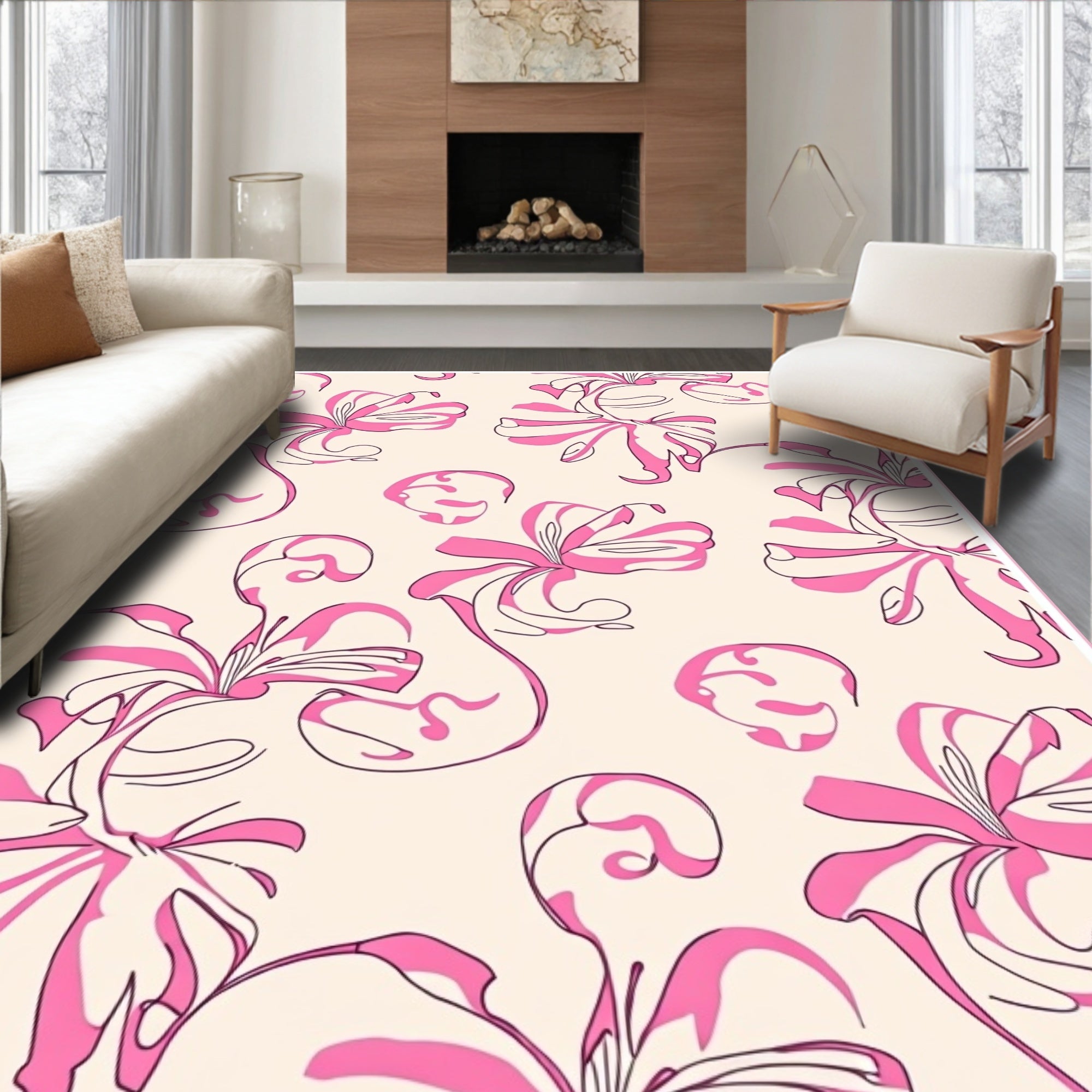 Pink Floral Swirl Pattern Rug