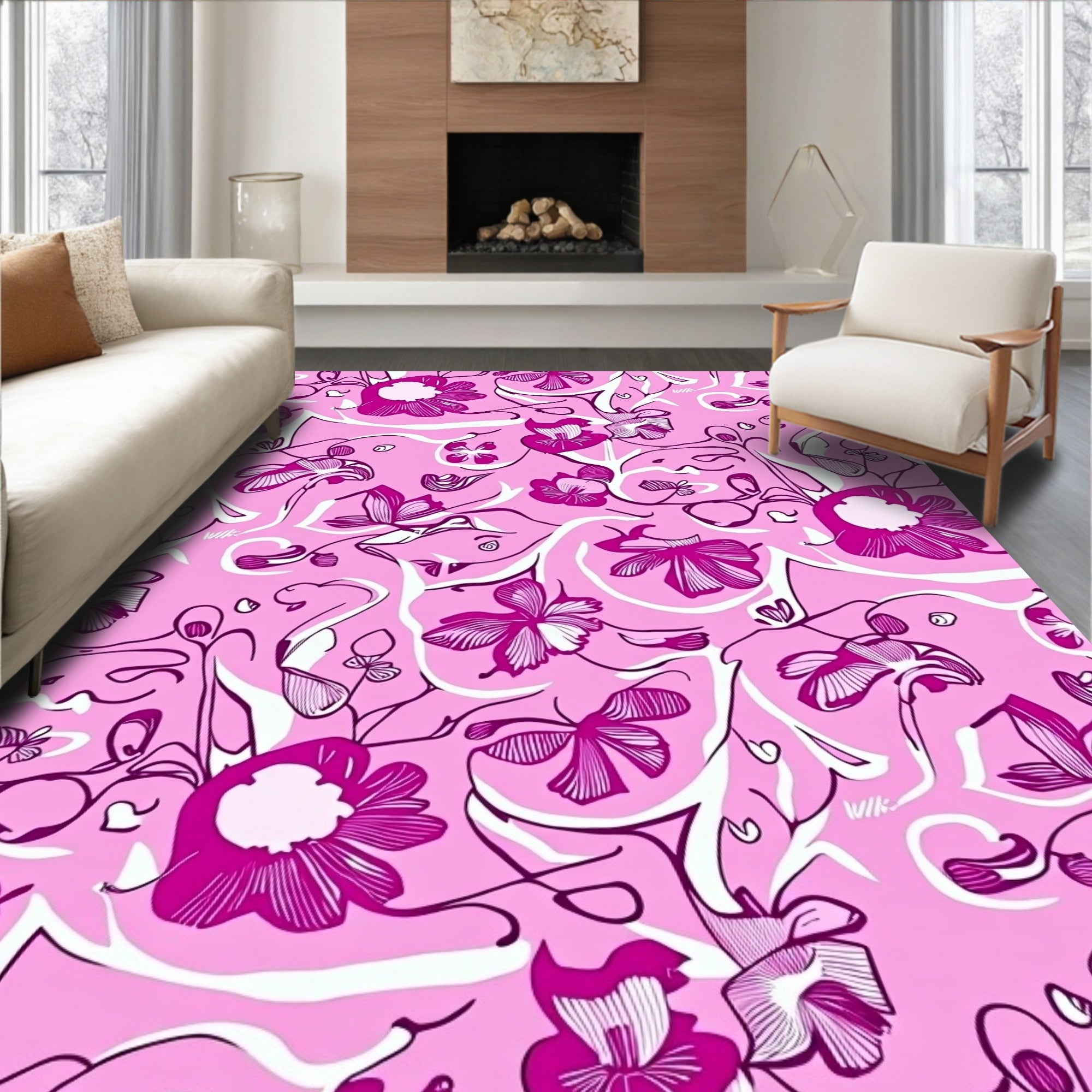 Fuchsia Floral Swirl Pattern Rug