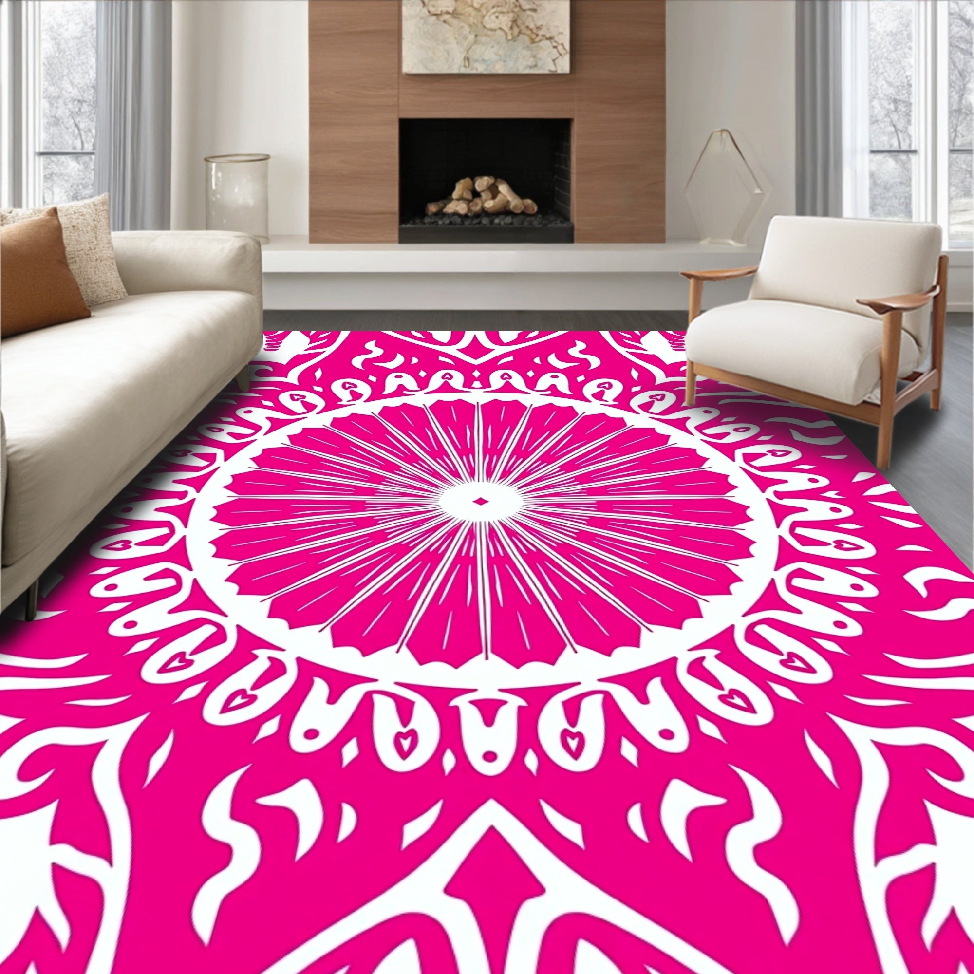 Vibrant Pink Sunburst Mandala Design Rug