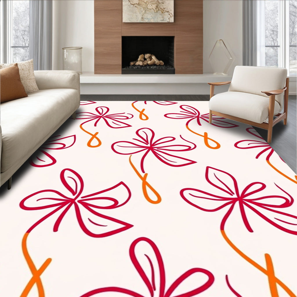 Red Orange Bloom Line Art Rug