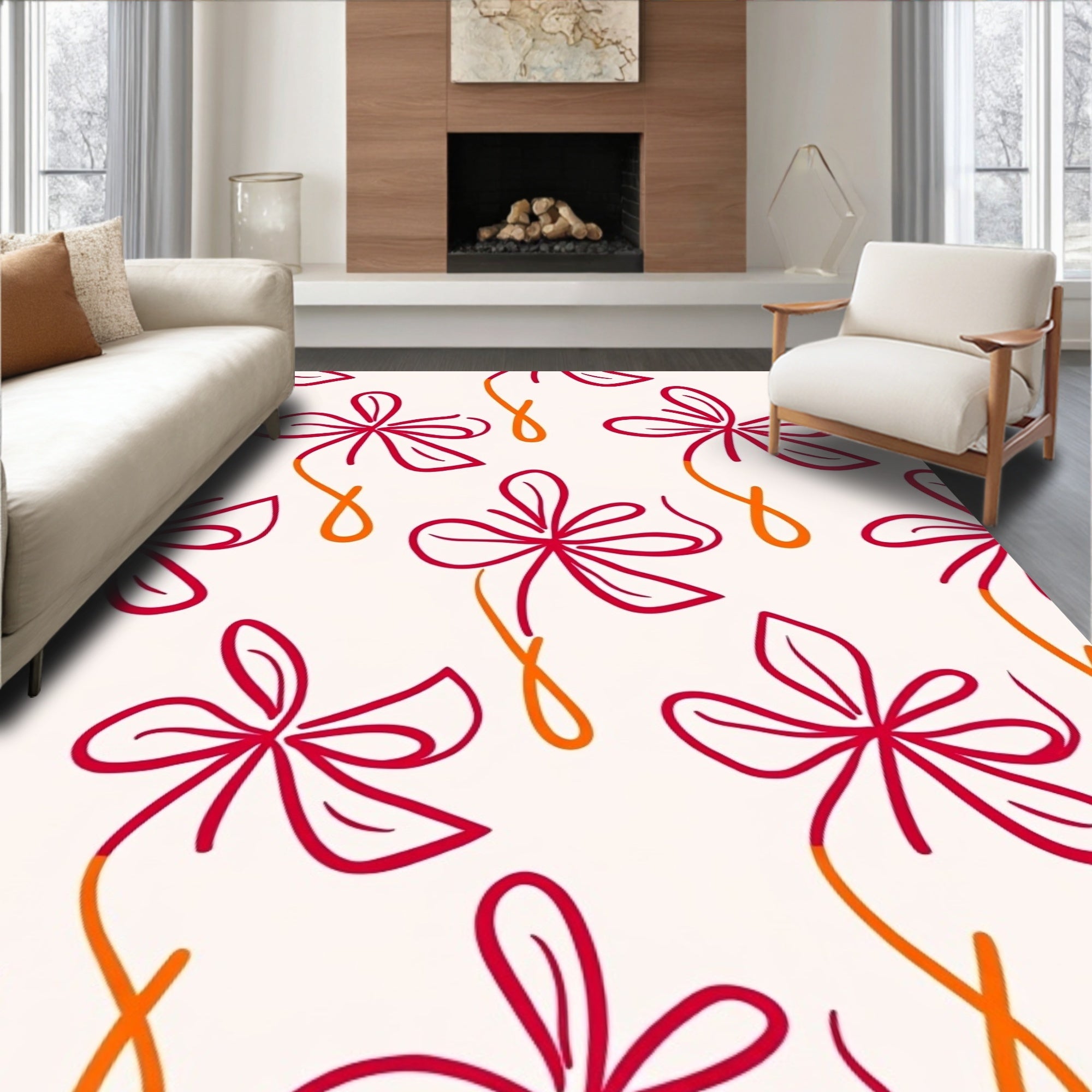Red Orange Bloom Line Art Rug