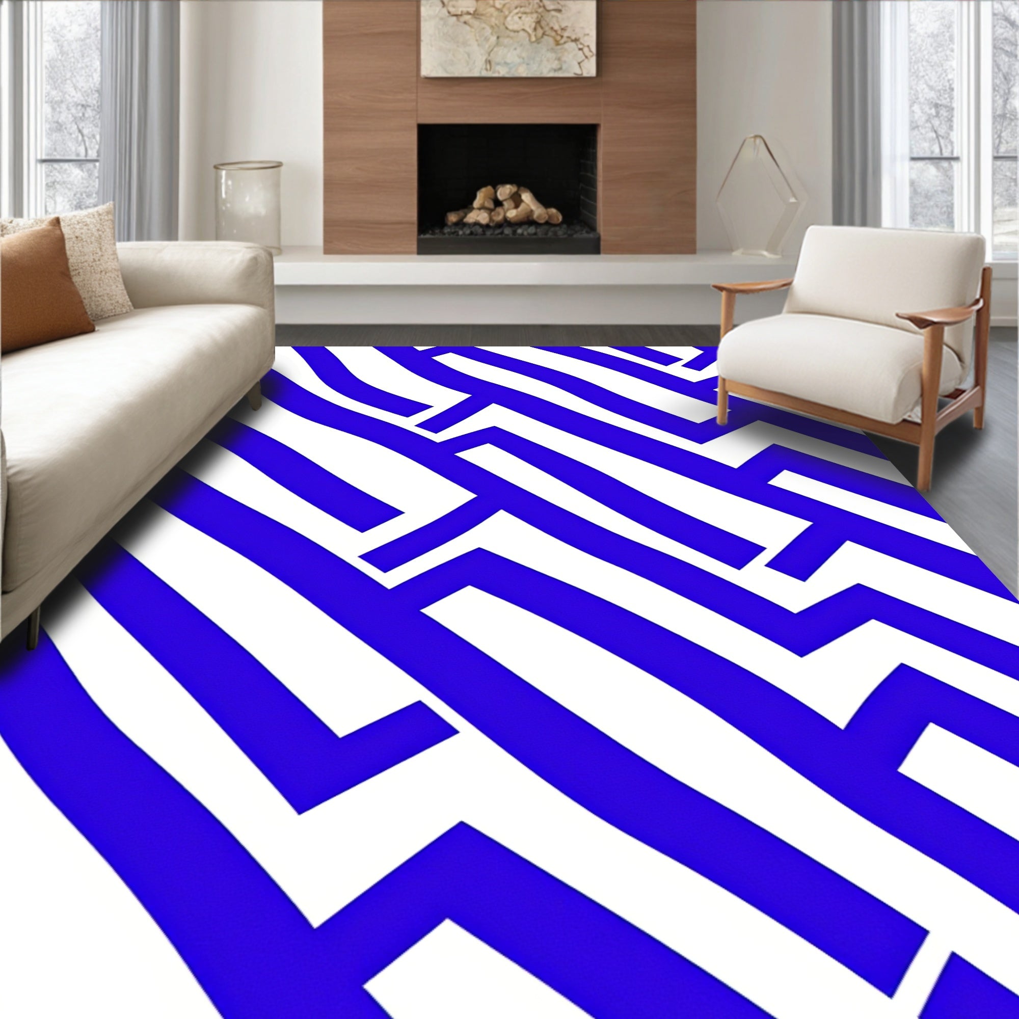 Bold Blue Intersecting Lines Abstract Pattern Rug