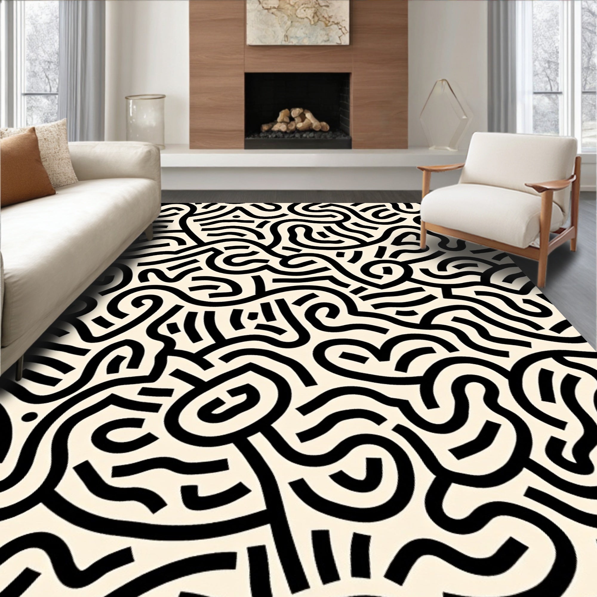 Bold Abstract Labyrinth Line Pattern Rug