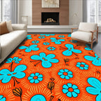 Vibrant Orange Sky Blue Floral Pattern Rug