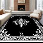 Elegant Black White Floral Motif Rug