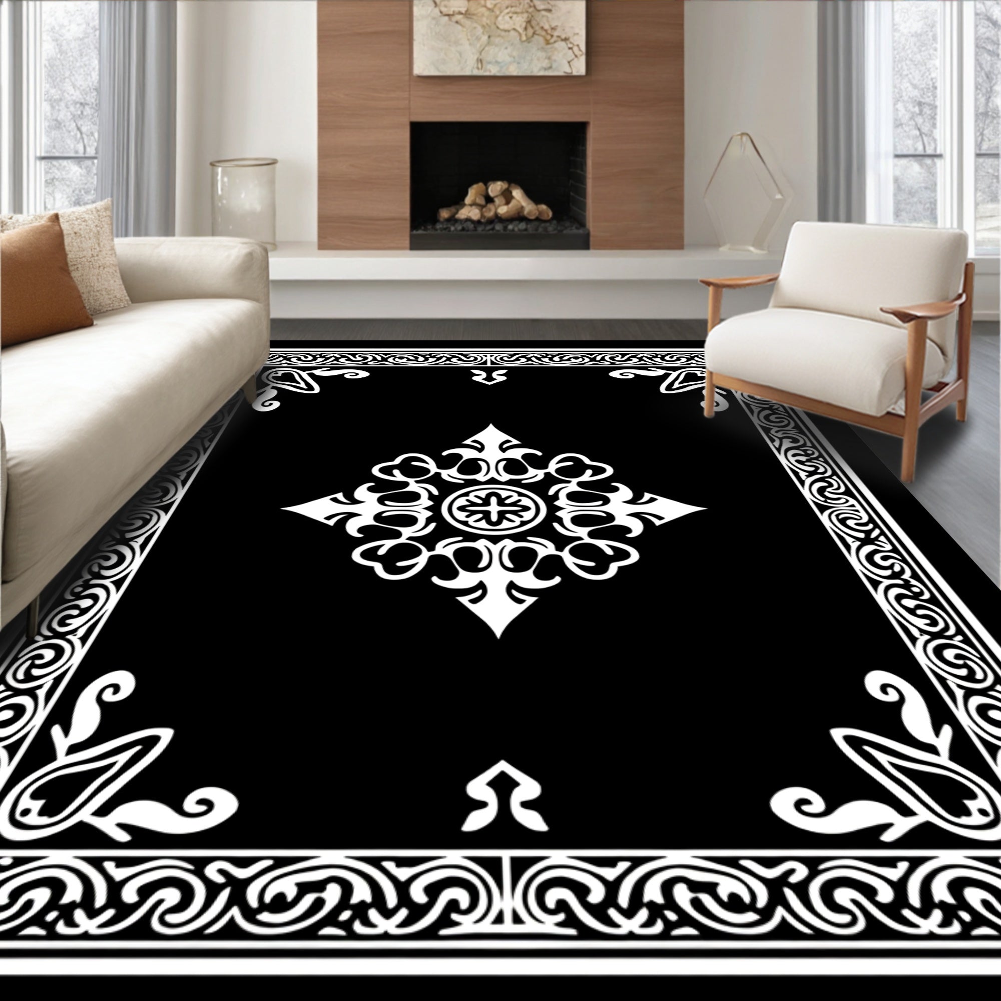 Elegant Black White Floral Motif Rug