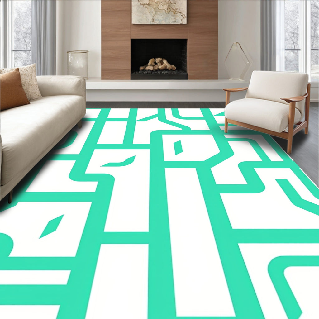 Modern Geometric Aqua Lines Rug