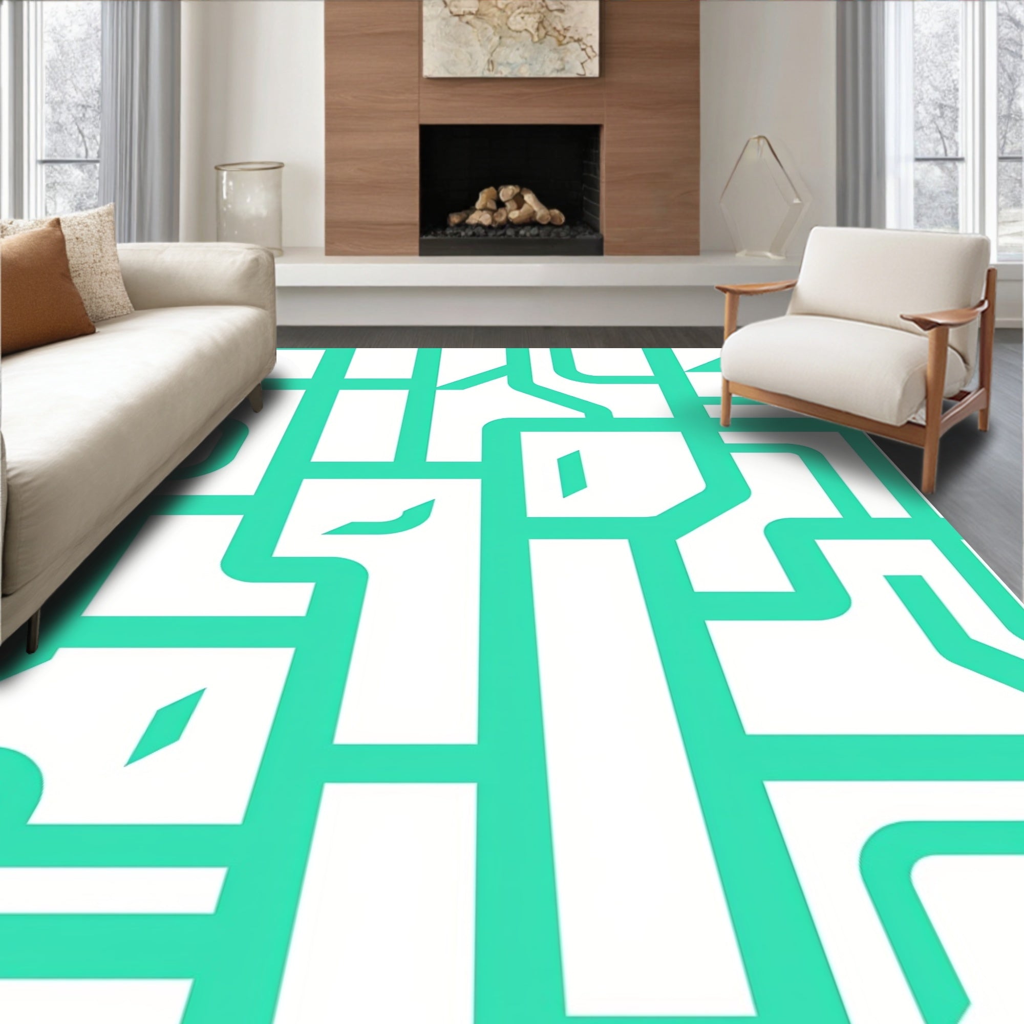 Modern Geometric Aqua Lines Rug