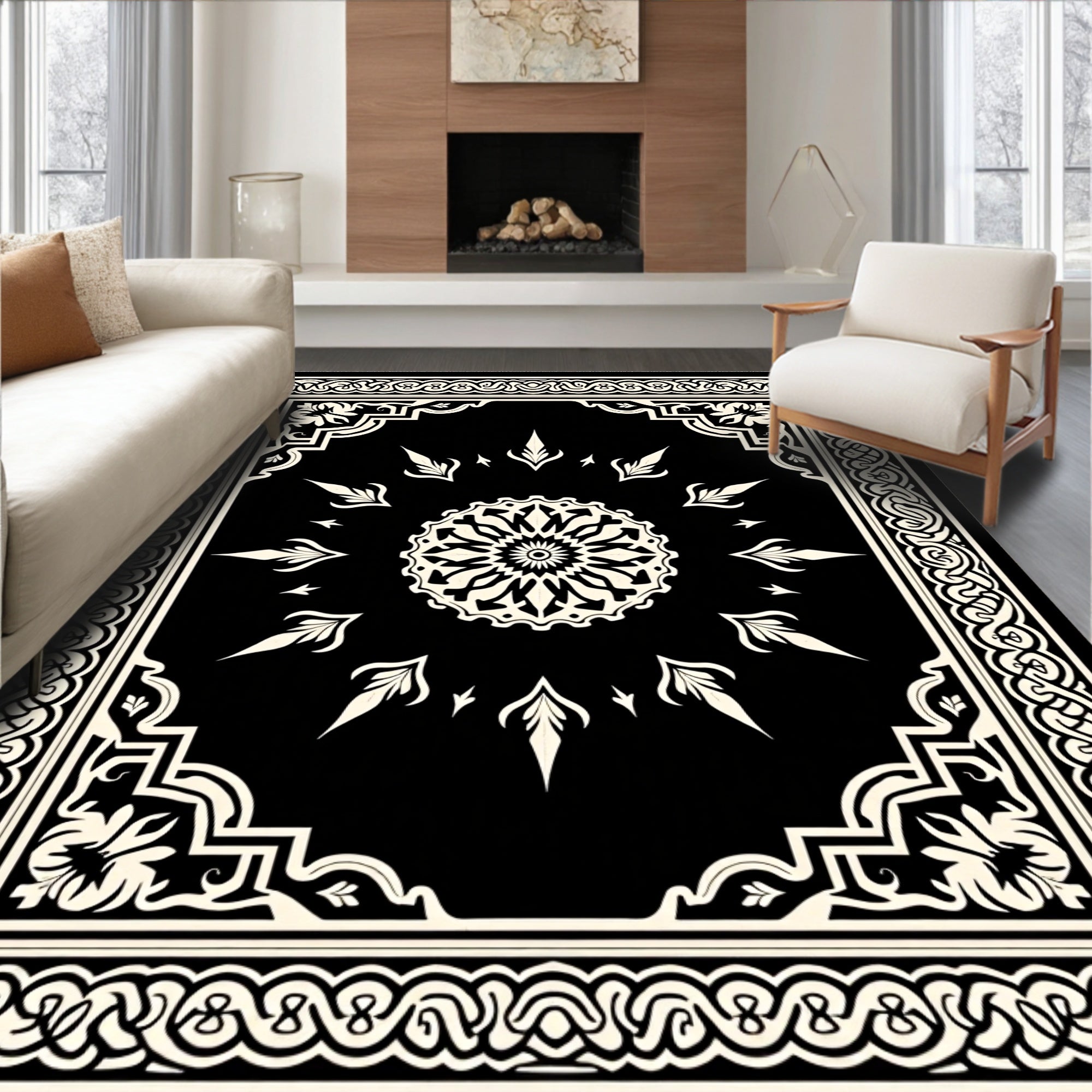 Intricate Black and White Mandala Rug