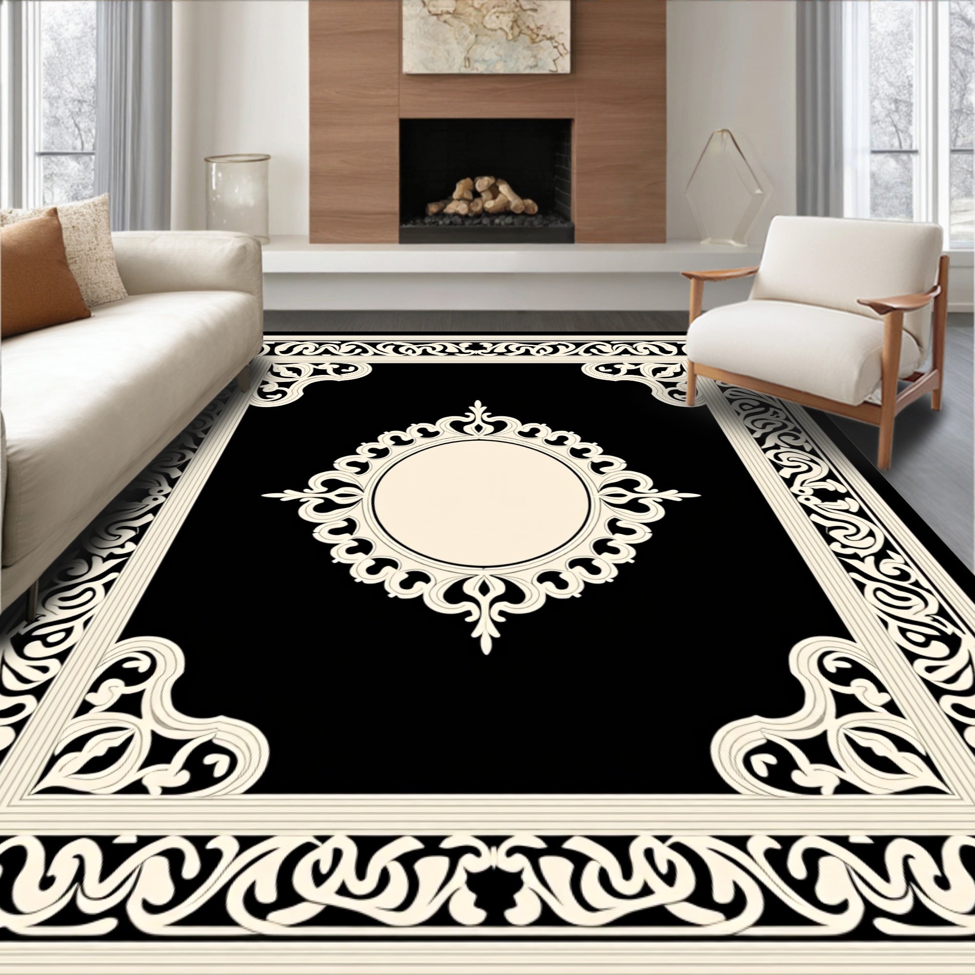 Ornate Cream Scrollwork Frame Pattern Rug