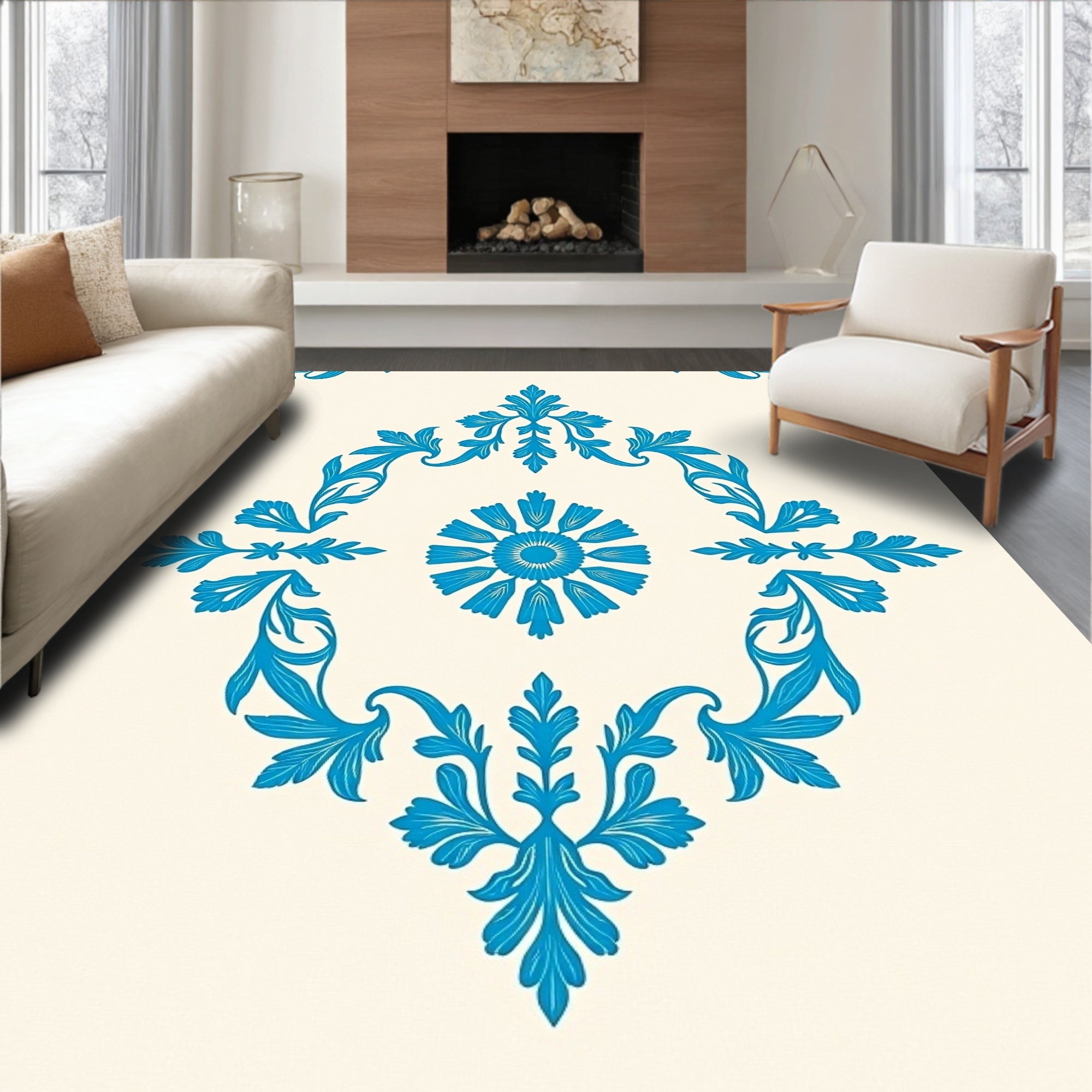 Classic Blue Floral Medallion Pattern Rug