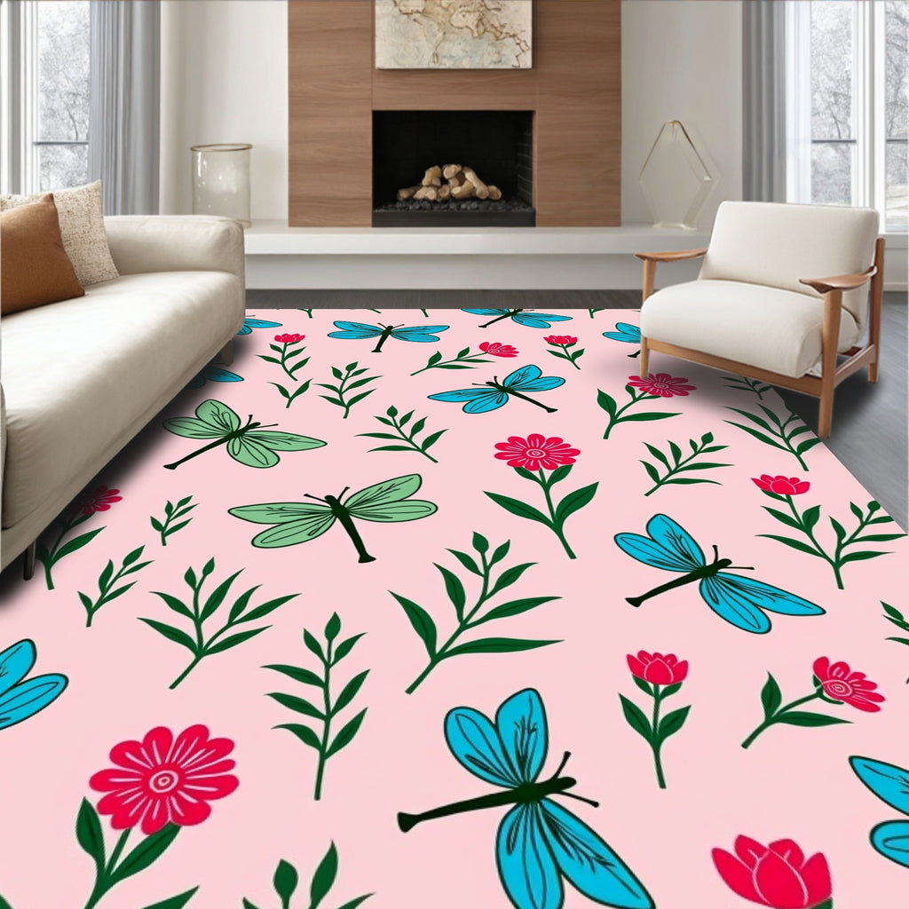 Dragonfly Flower Garden Pattern Rug