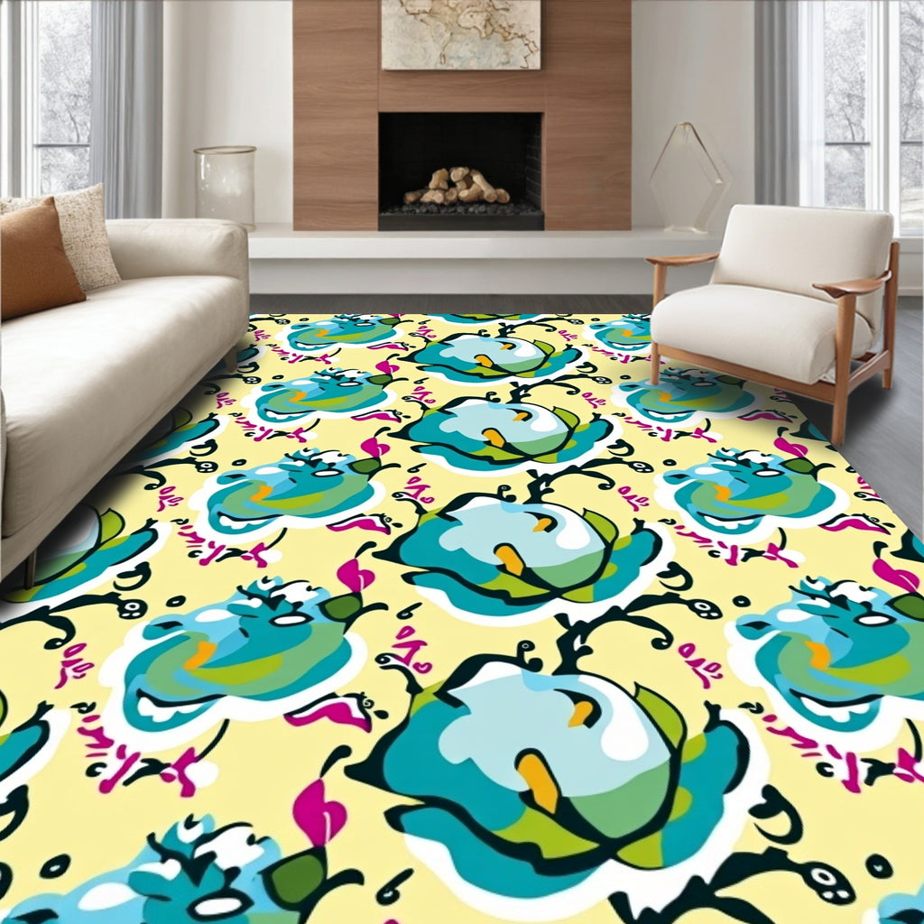Tidal Blue Abstract Floral Pattern Rug