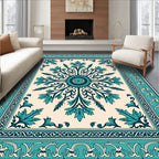 Teal Floral Medallion Bordered Rug