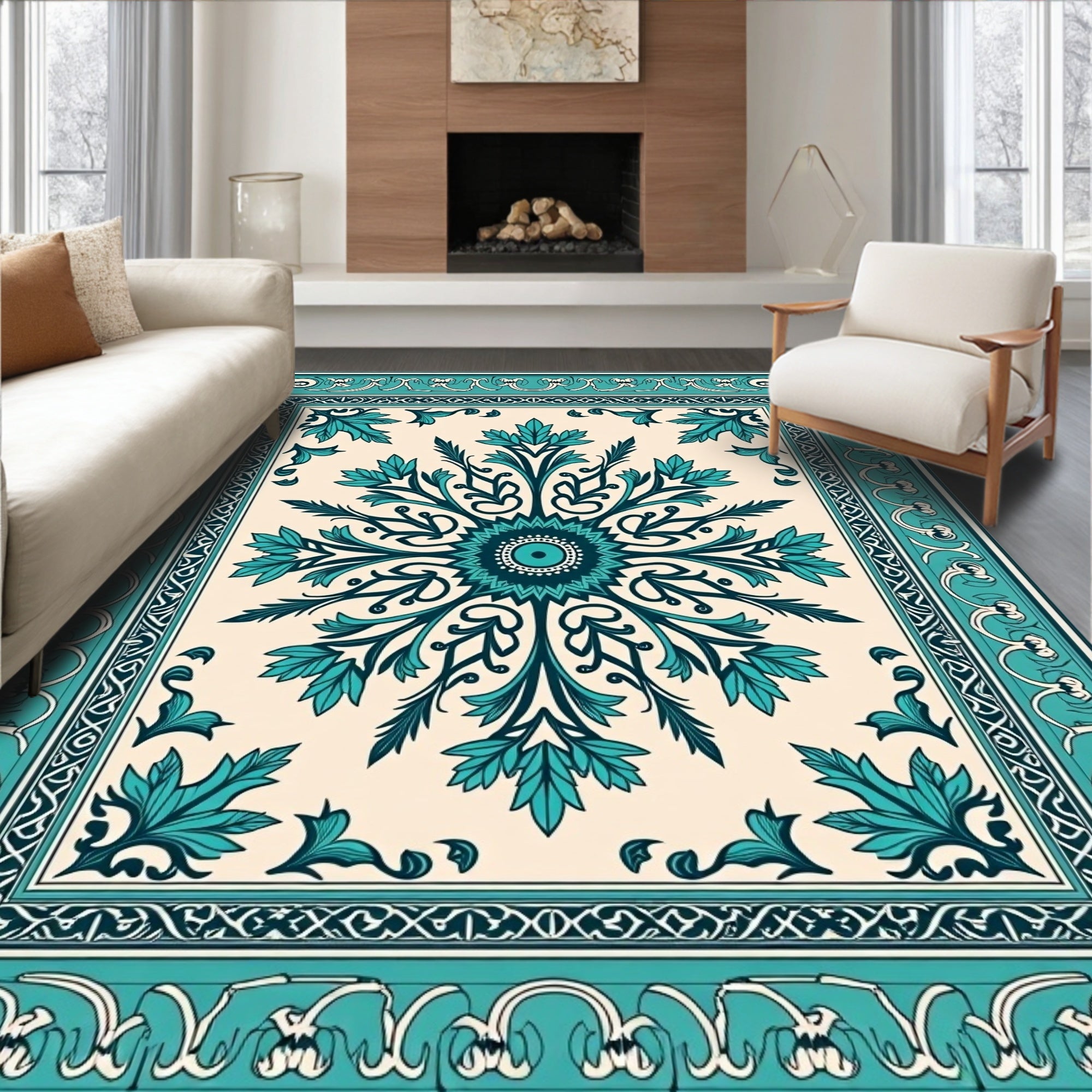 Teal Floral Medallion Bordered Rug