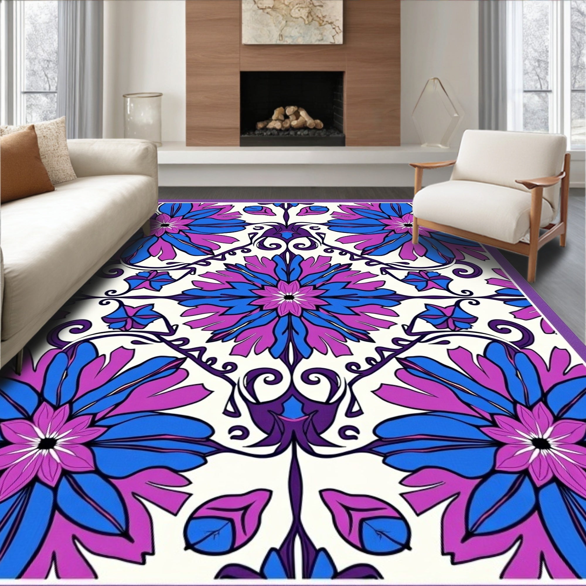 Vibrant Floral Patterned Swirl Design Rug