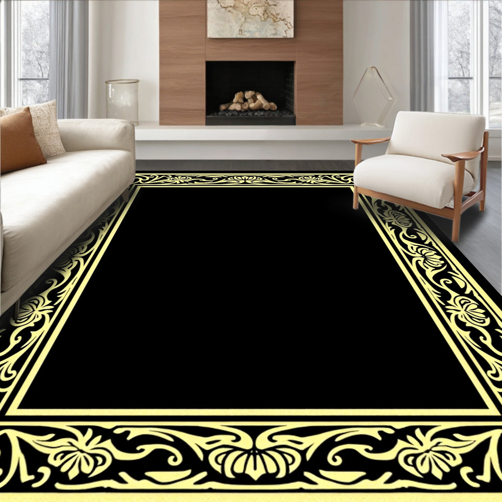 Ornate Yellow Floral Frame Design Rug