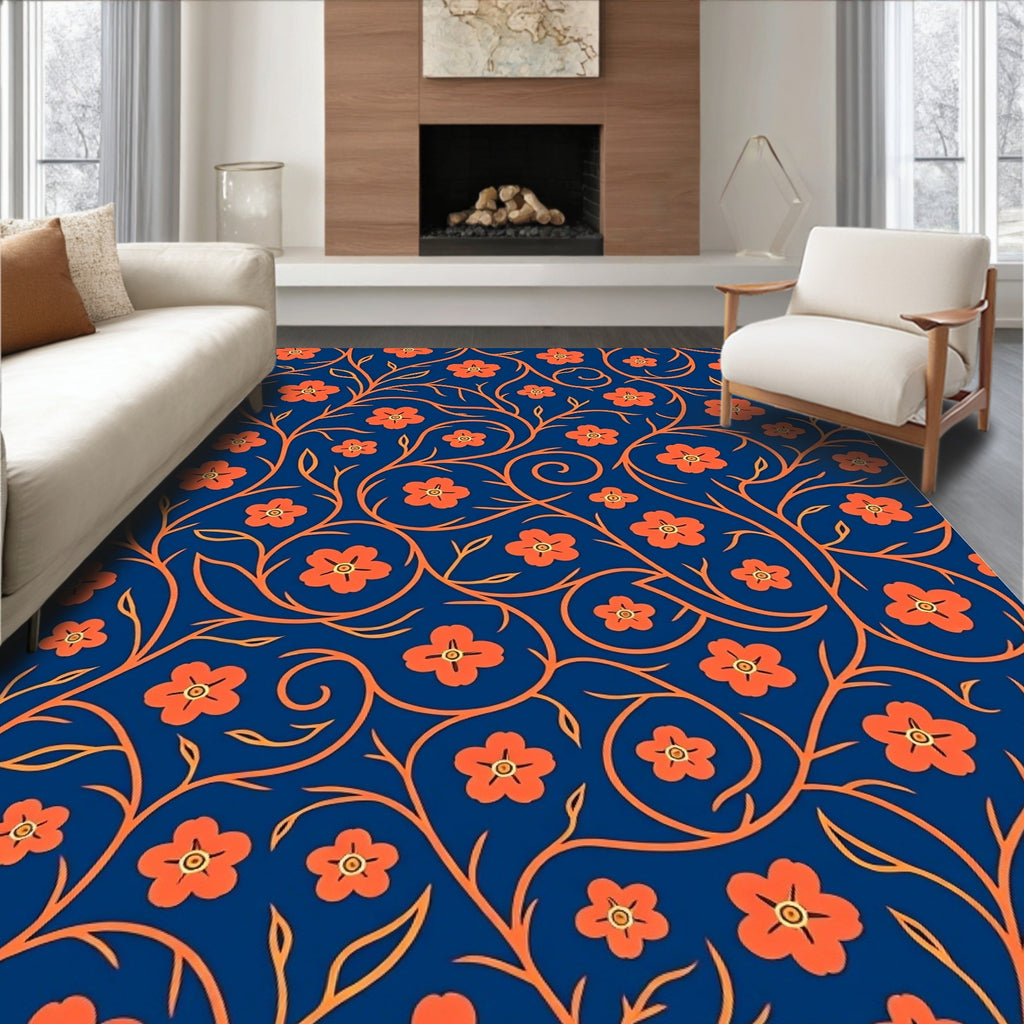 Orange Floral Vine Pattern on Blue Rug