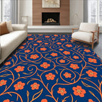 Orange Floral Vine Pattern on Blue Rug